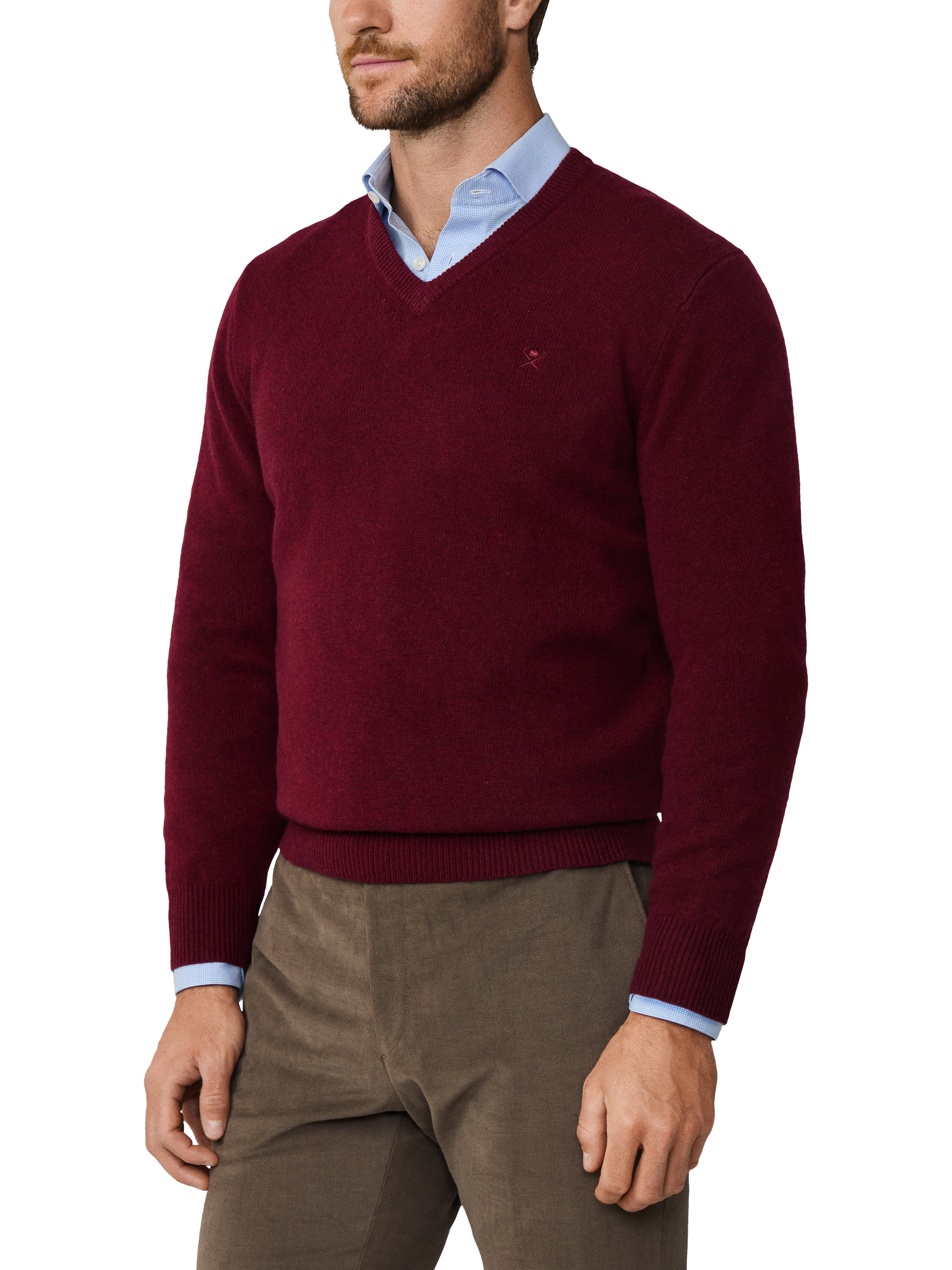 Product image 6 of 7, which shows Hackett London Pure Wool V-Neck Jumper, Burgundy Red, XS