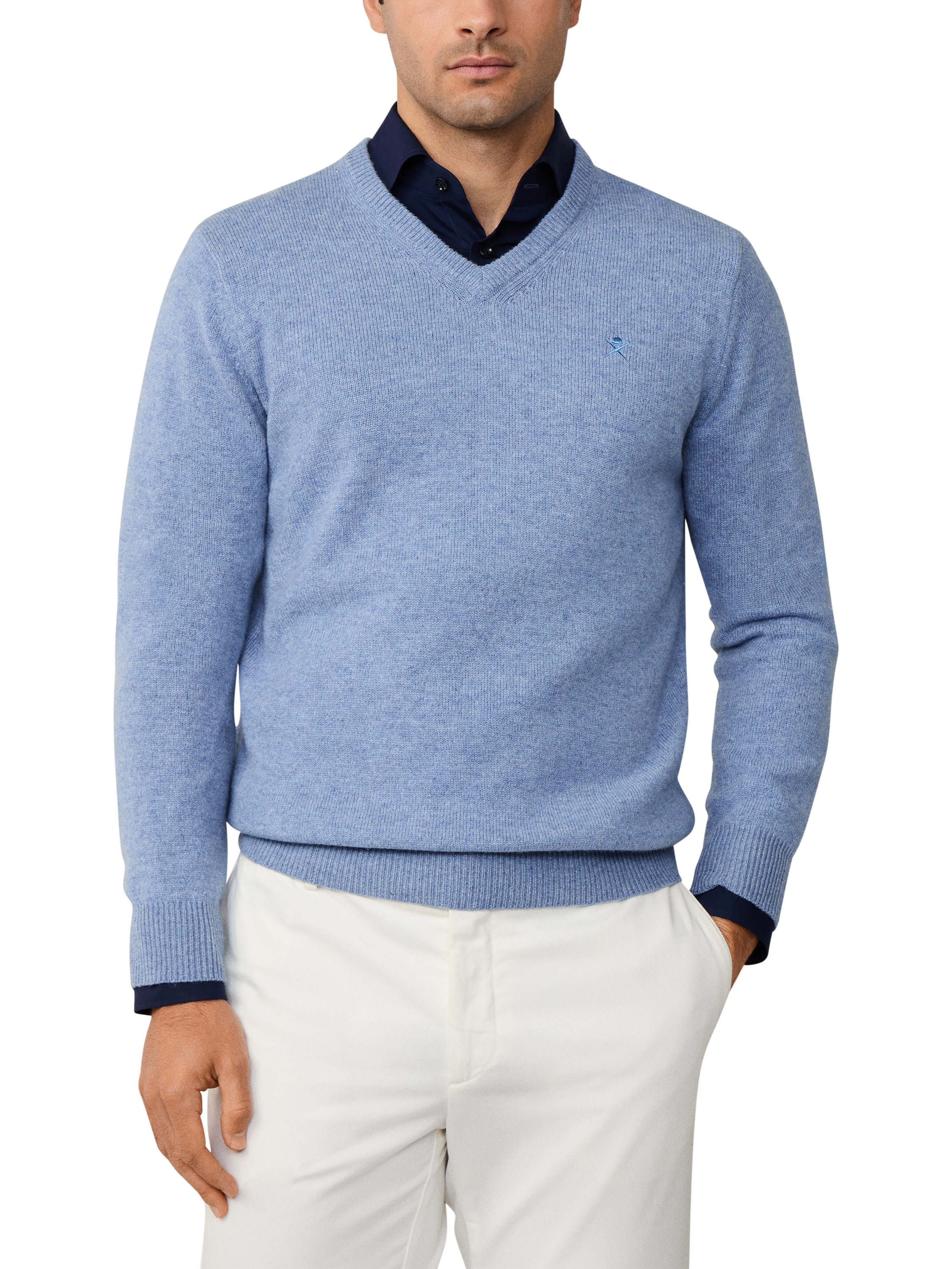 Product image 1 of 7, which shows Hackett London Pure Wool V-Neck Jumper, Pearl Blue, XS