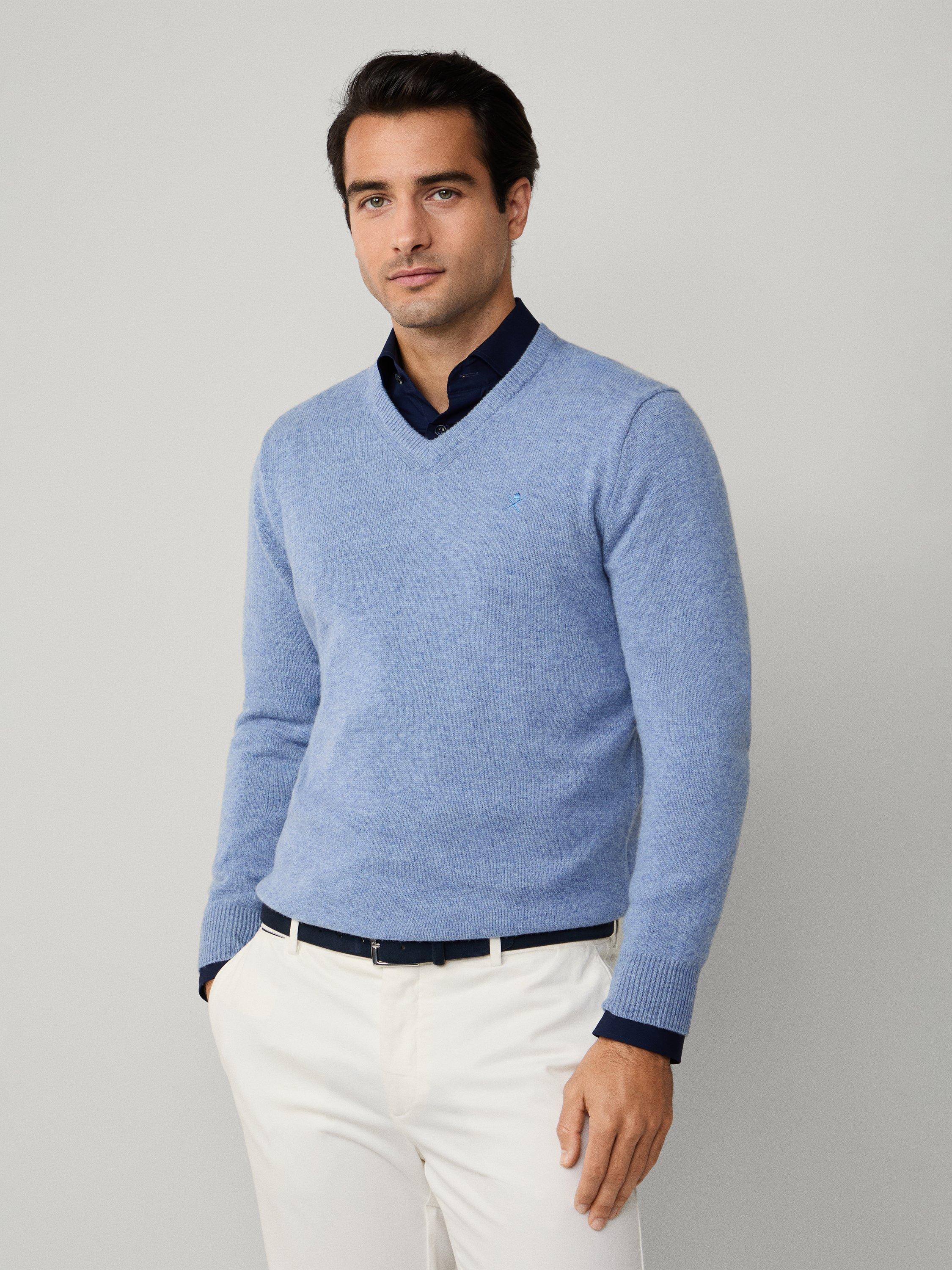 Product image 7 of 7, which shows Hackett London Pure Wool V-Neck Jumper, Pearl Blue, XS