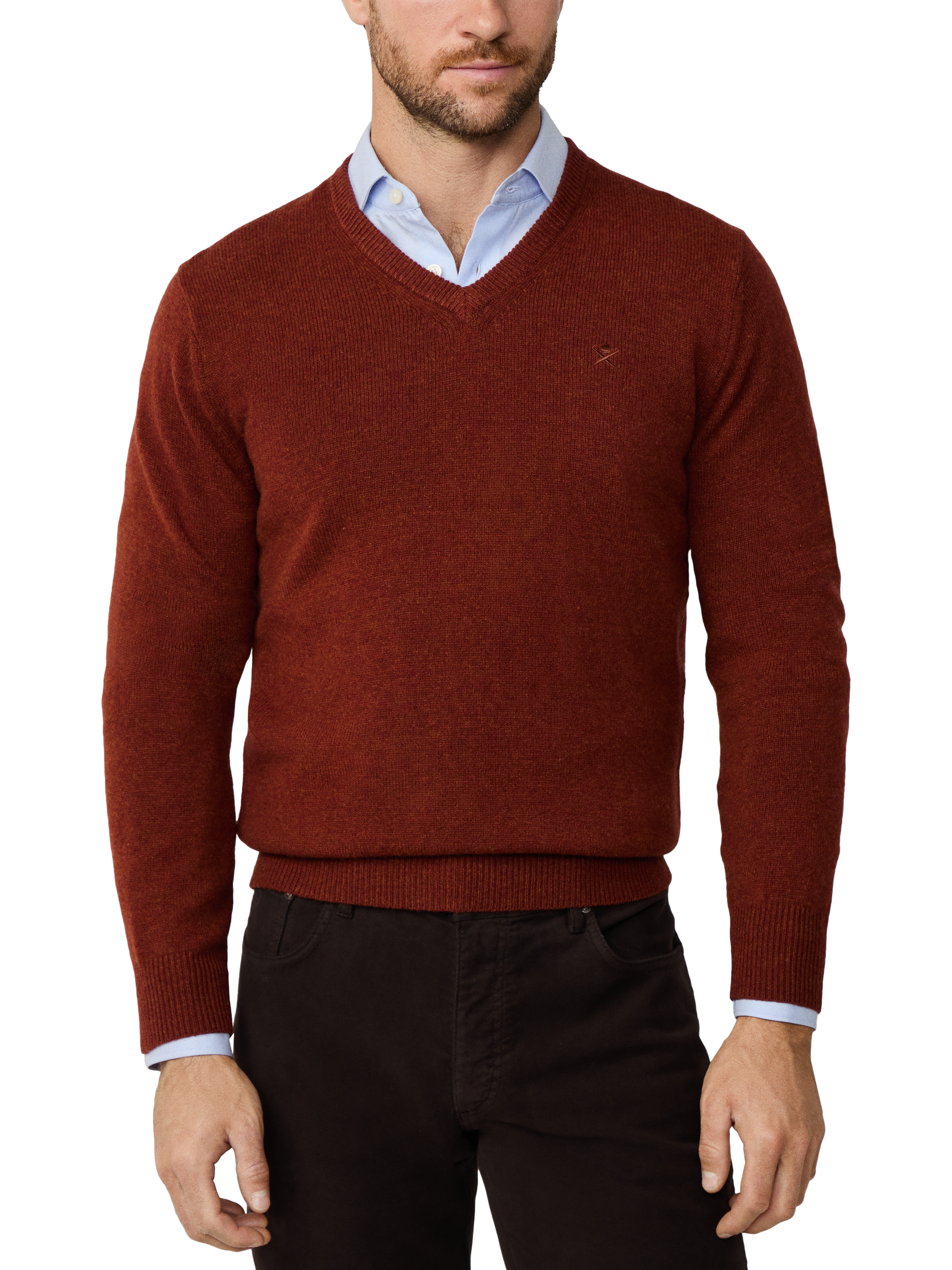 Product image 1 of 7, which shows Hackett London Pure Wool V-Neck Jumper, Cognac Brown, XS