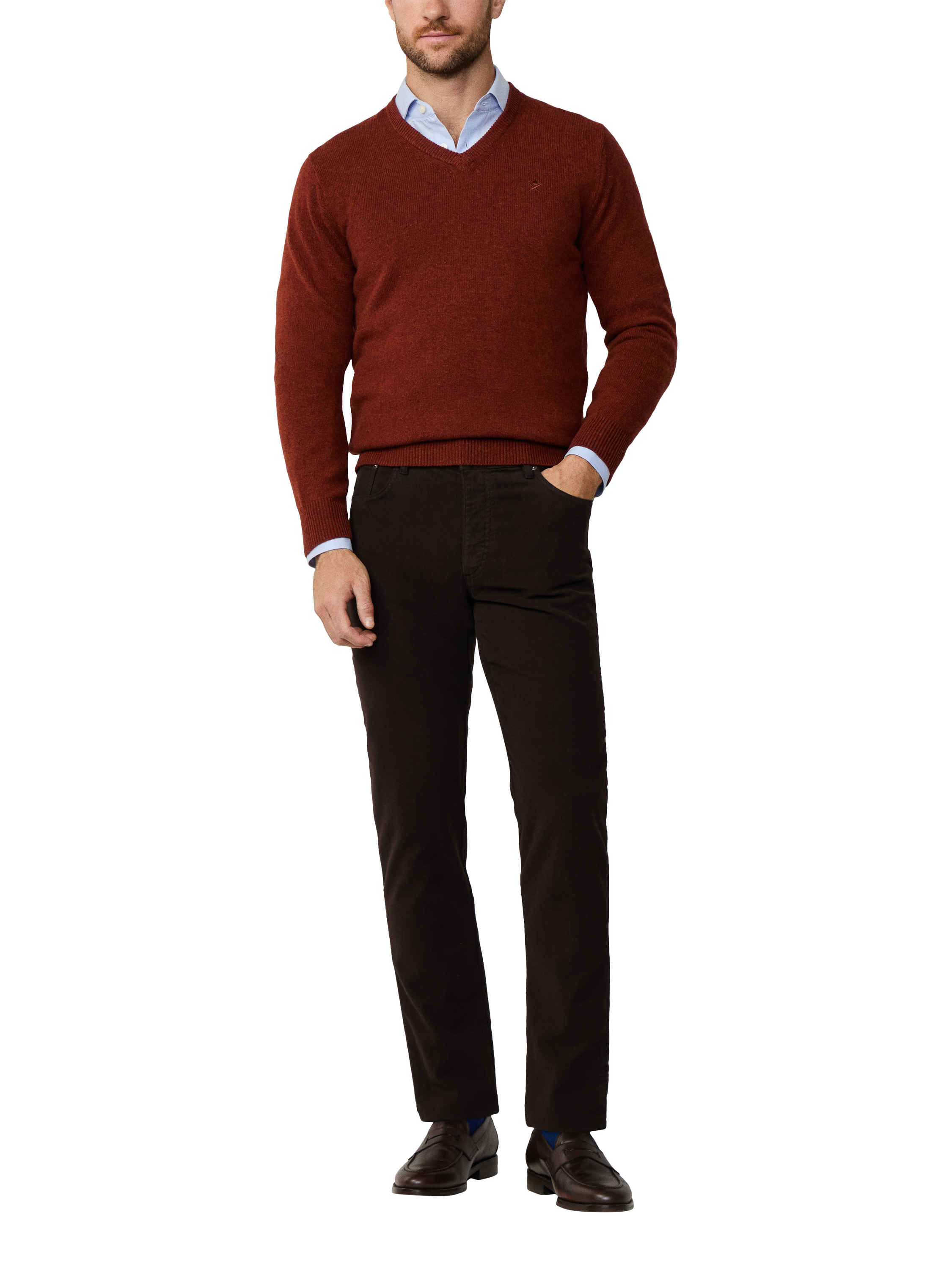 Product image 2 of 7, which shows Hackett London Pure Wool V-Neck Jumper, Cognac Brown, XS