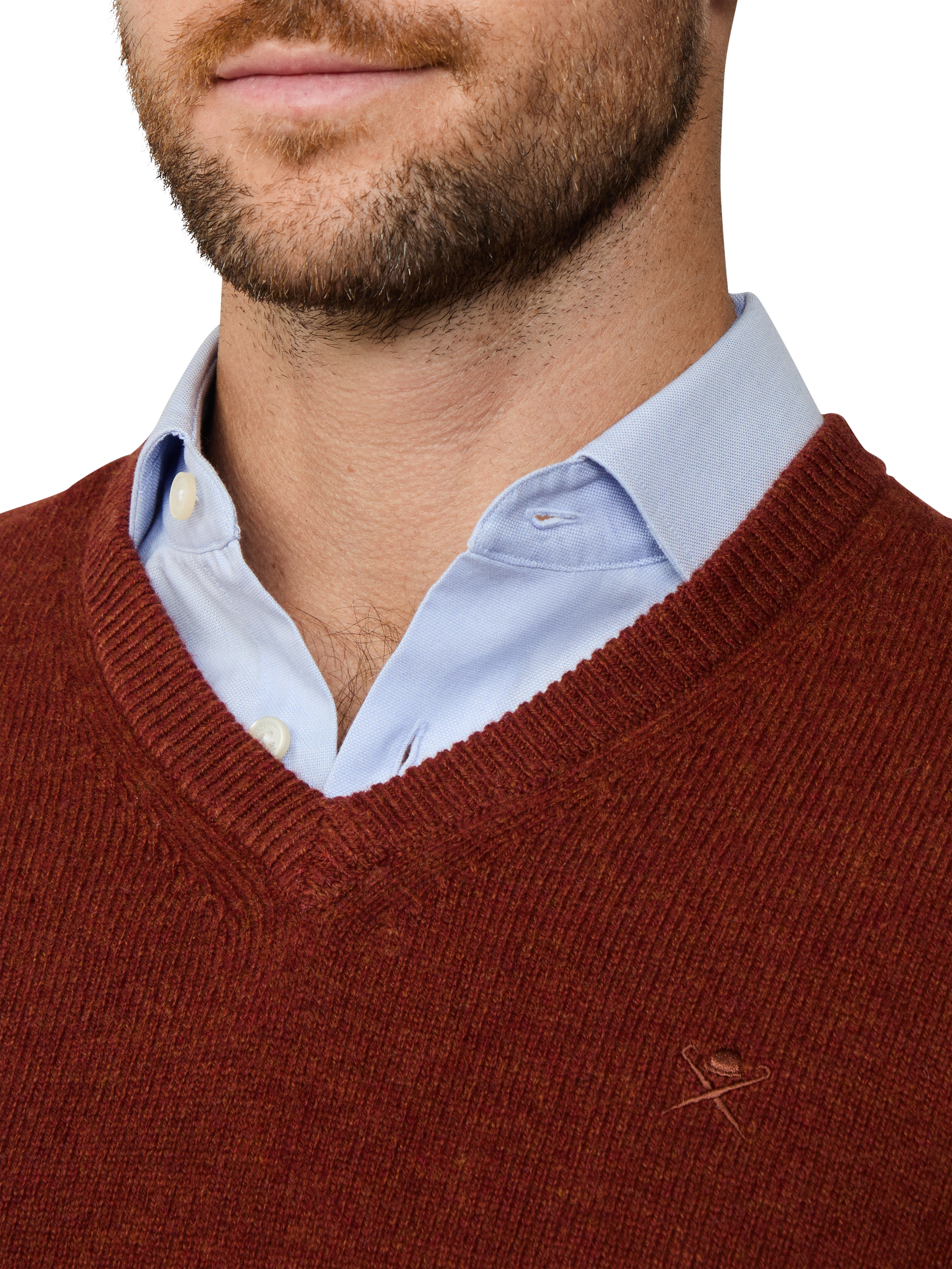 Product image 5 of 7, which shows Hackett London Pure Wool V-Neck Jumper, Cognac Brown, XS