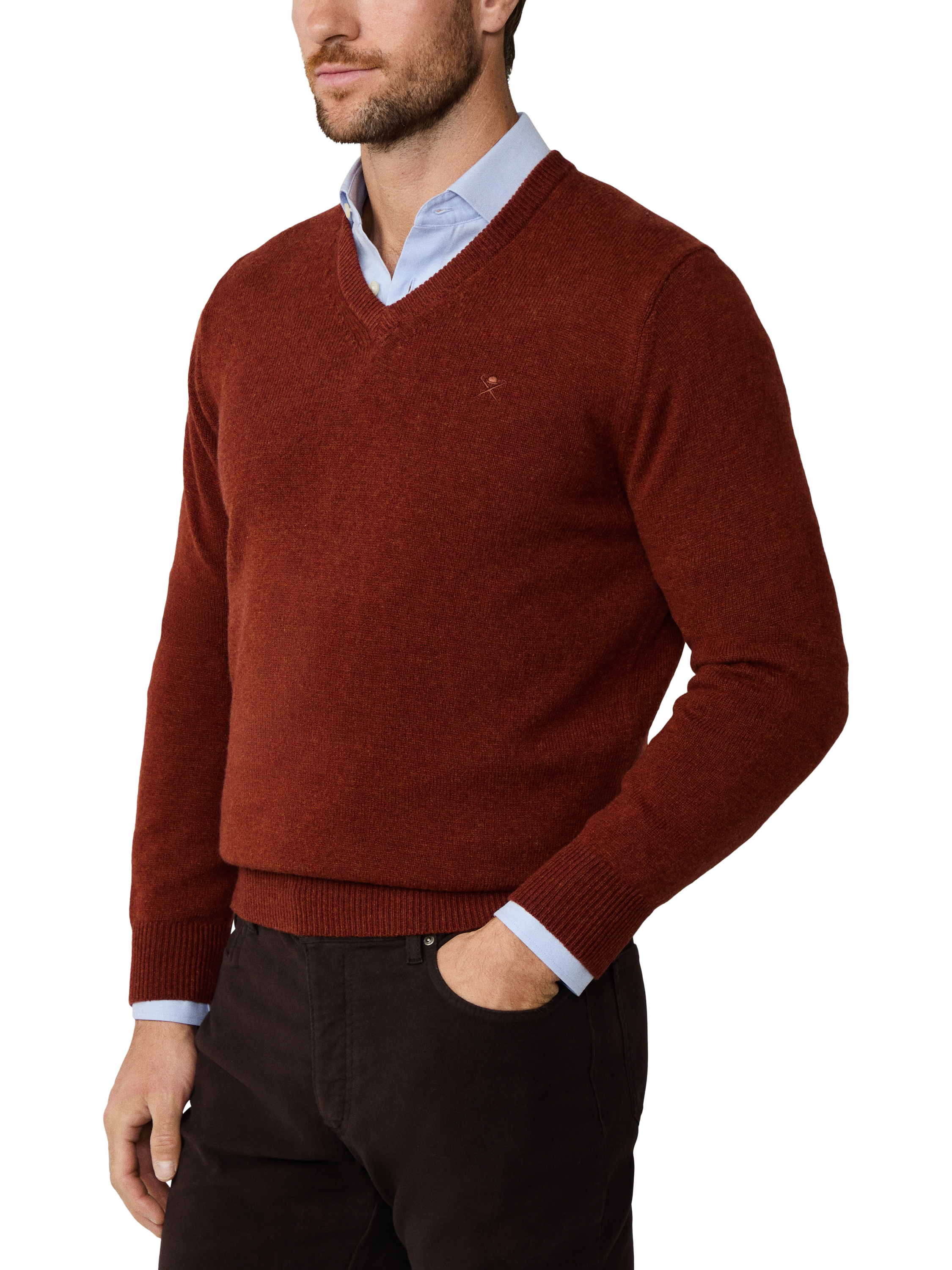 Product image 6 of 7, which shows Hackett London Pure Wool V-Neck Jumper, Cognac Brown, XS