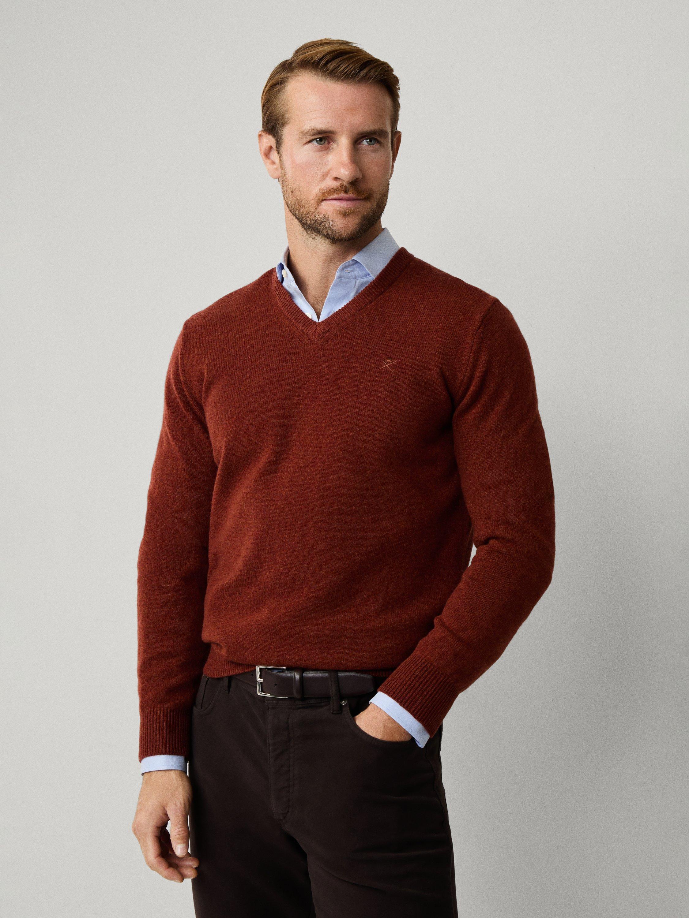 Product image 7 of 7, which shows Hackett London Pure Wool V-Neck Jumper, Cognac Brown, XS