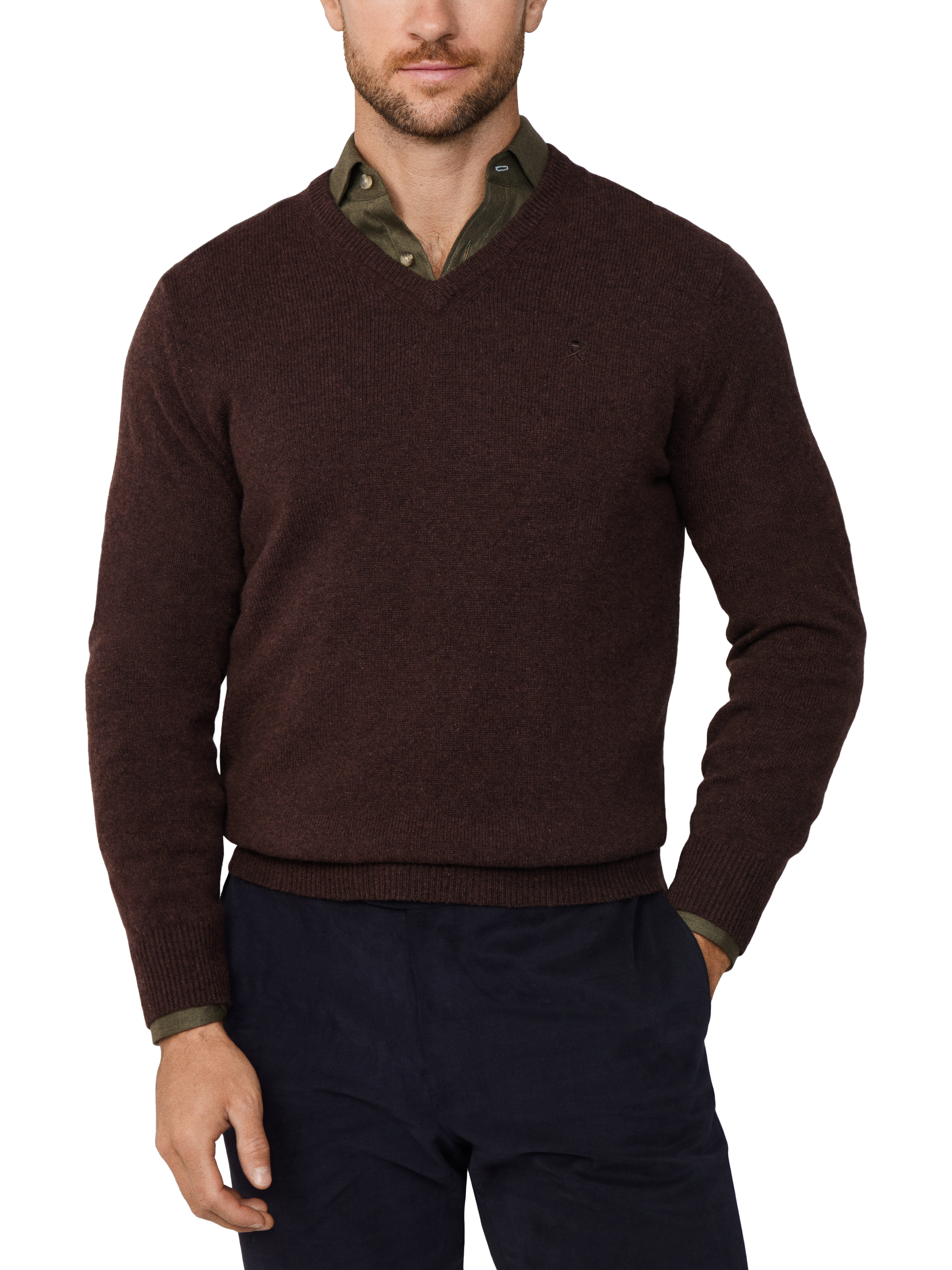 Product image 1 of 11, which shows Hackett London Pure Wool V-Neck Jumper, Dark Brown, XS