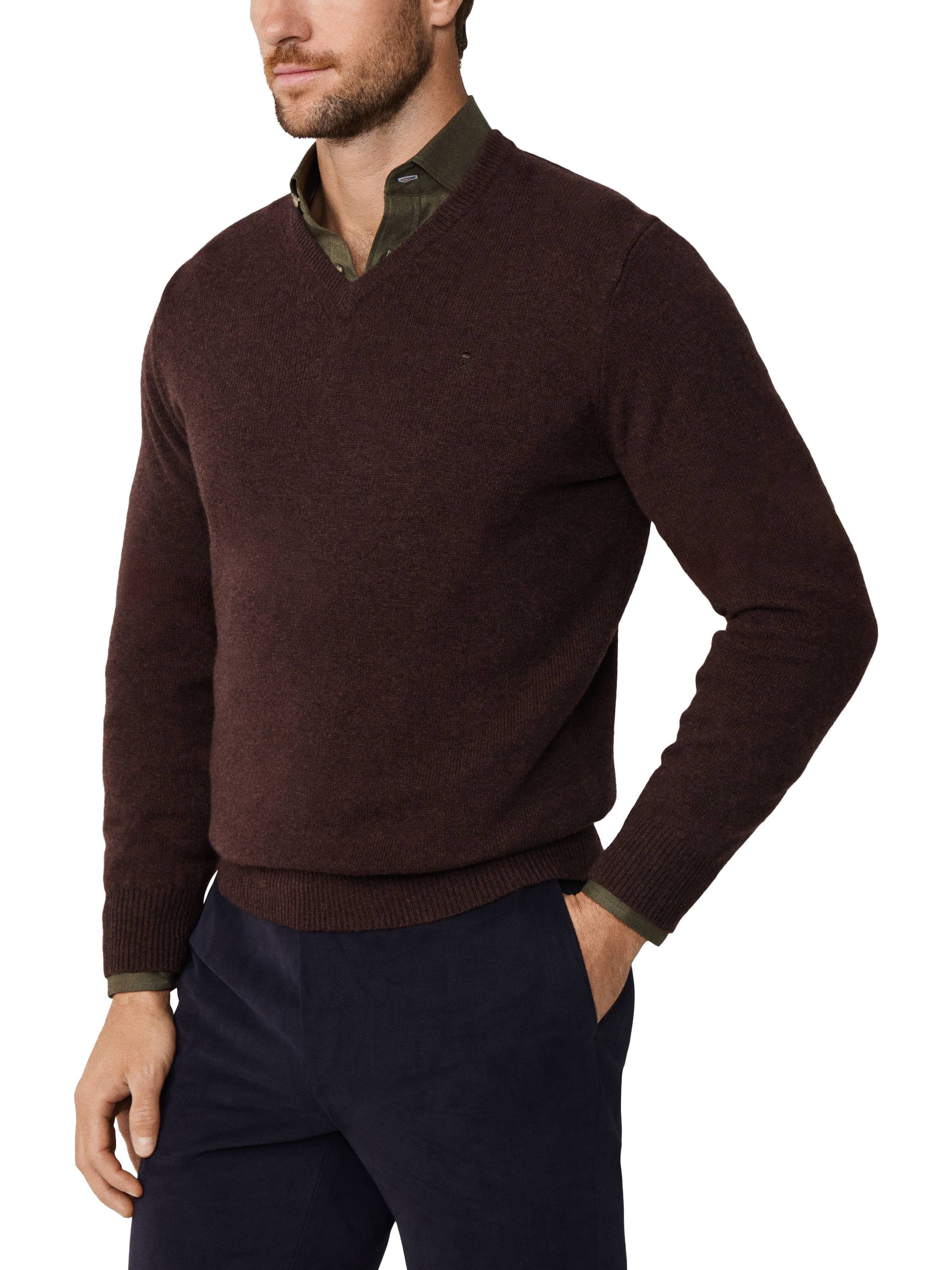 Product image 6 of 11, which shows Hackett London Pure Wool V-Neck Jumper, Dark Brown, XS