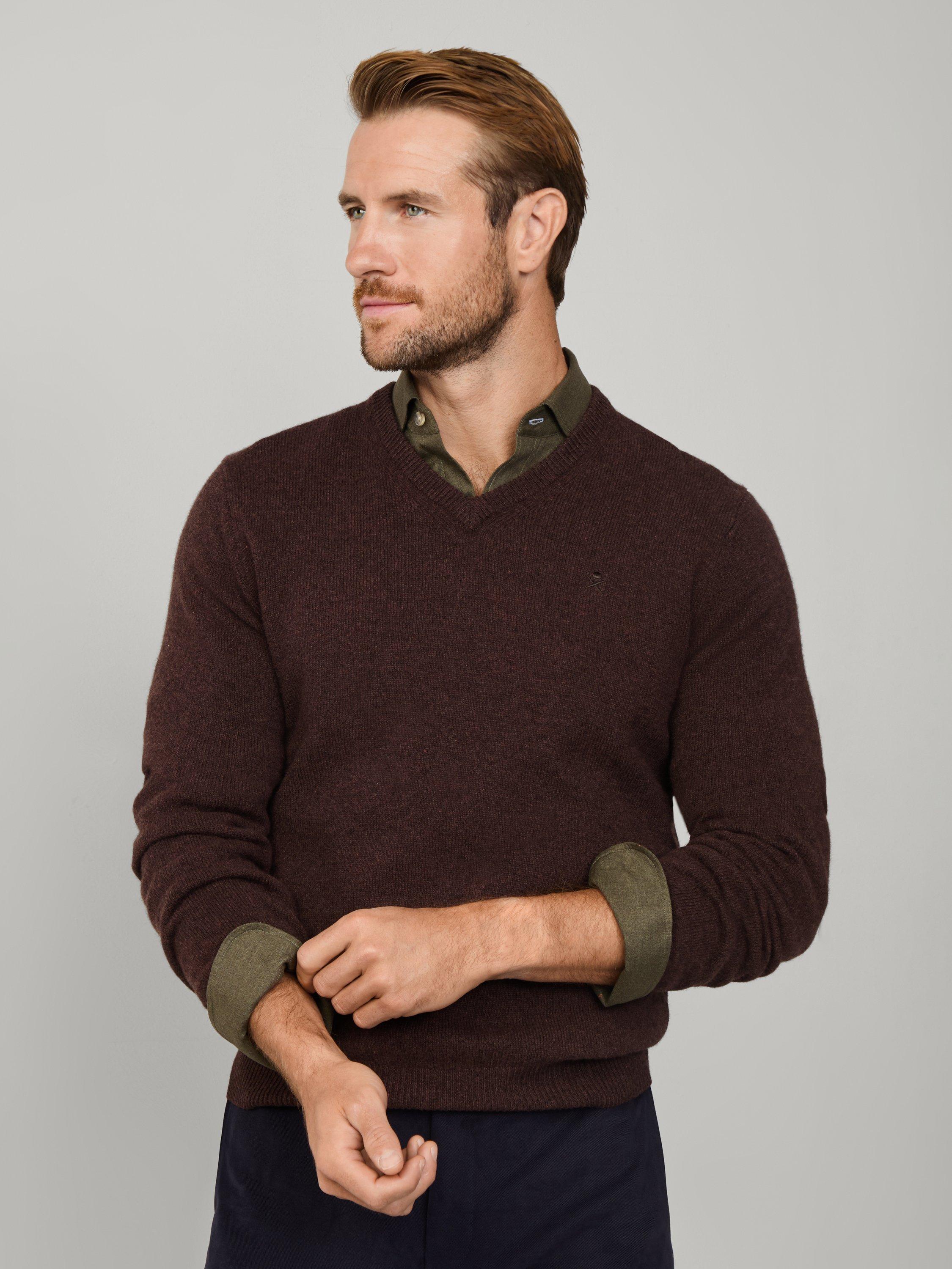 Product image 7 of 11, which shows Hackett London Pure Wool V-Neck Jumper, Dark Brown, XS
