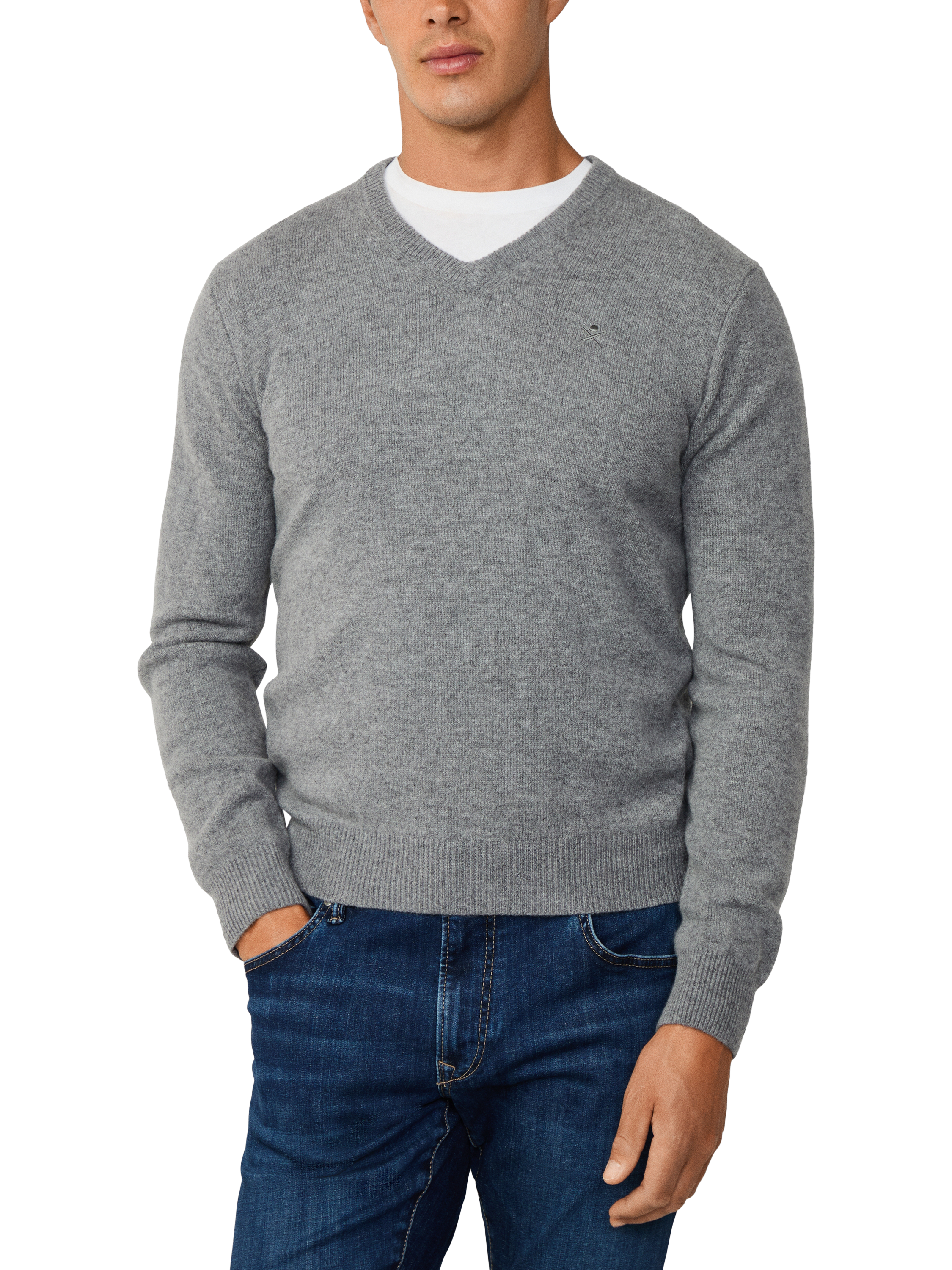 Product image 1 of 7, which shows Hackett London Pure Wool V-Neck Jumper, Metal Grey, XS