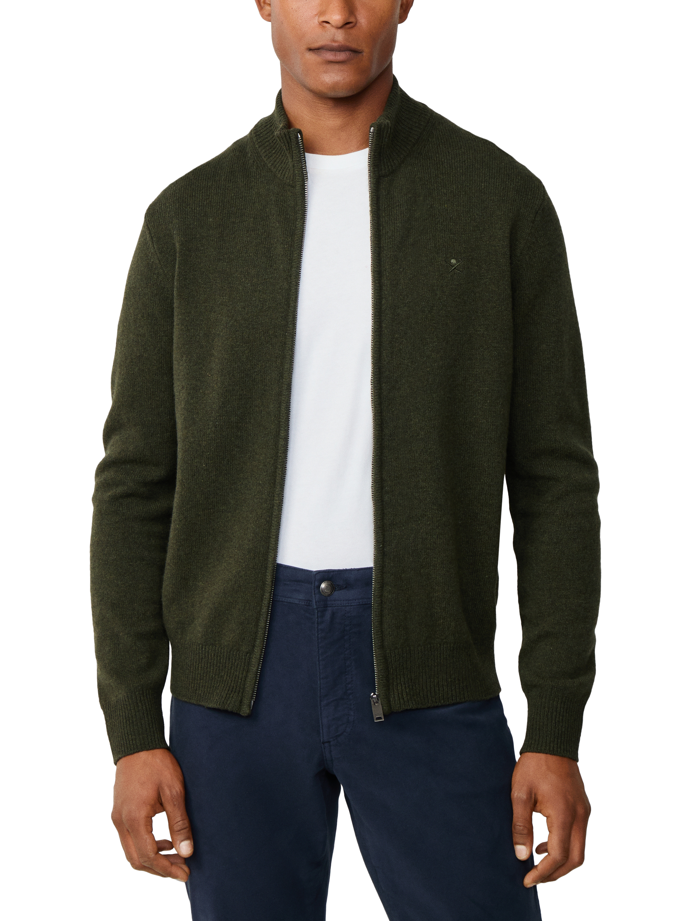 Product image 1 of 8, which shows Hackett London Pure Wool High Neck Zipped Cardigan, Hunter Green, XXXL