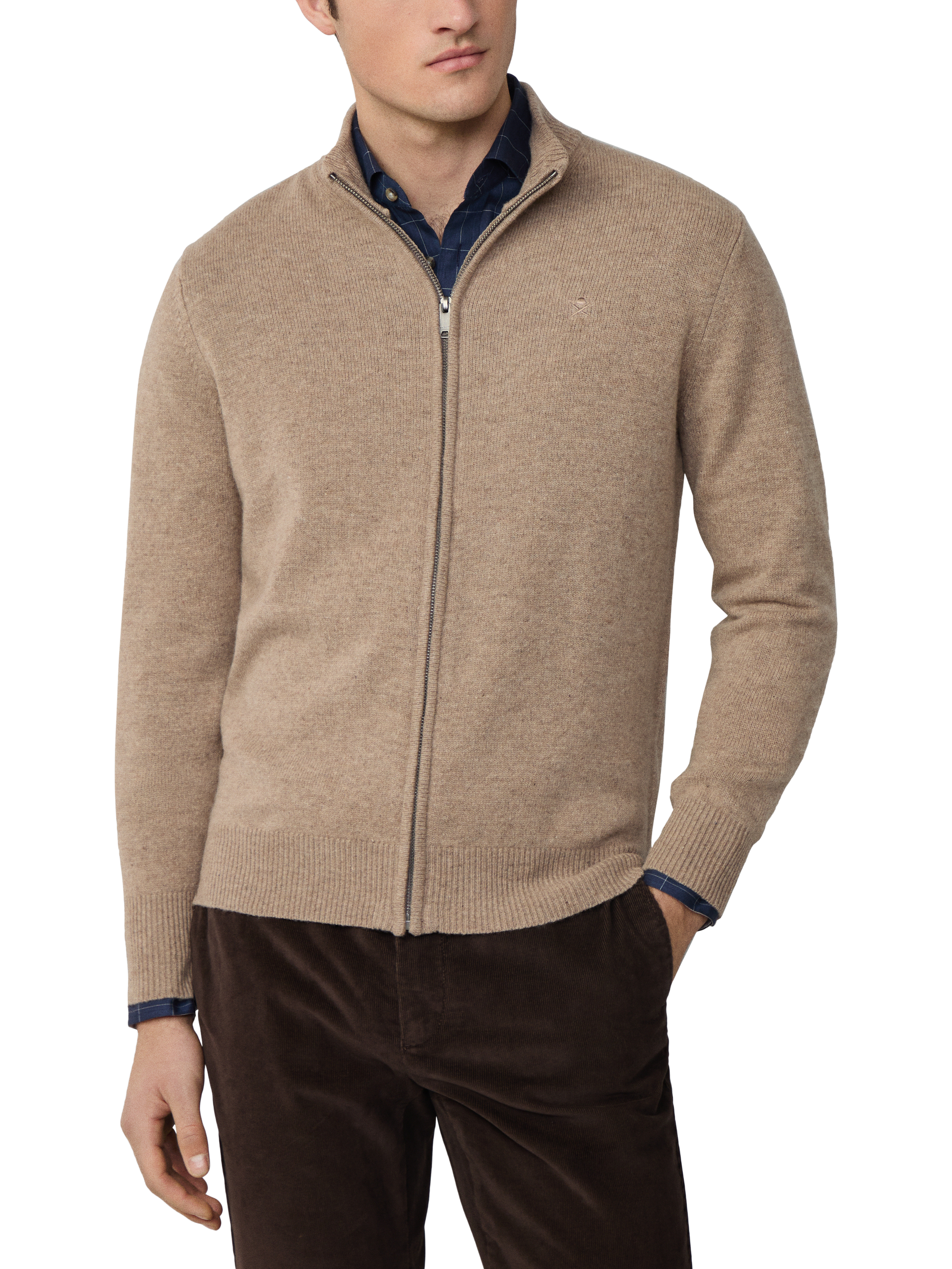 Product image 1 of 7, which shows Hackett London Lambswool Full-Zip Cardigan, Malt Beige, XXXL