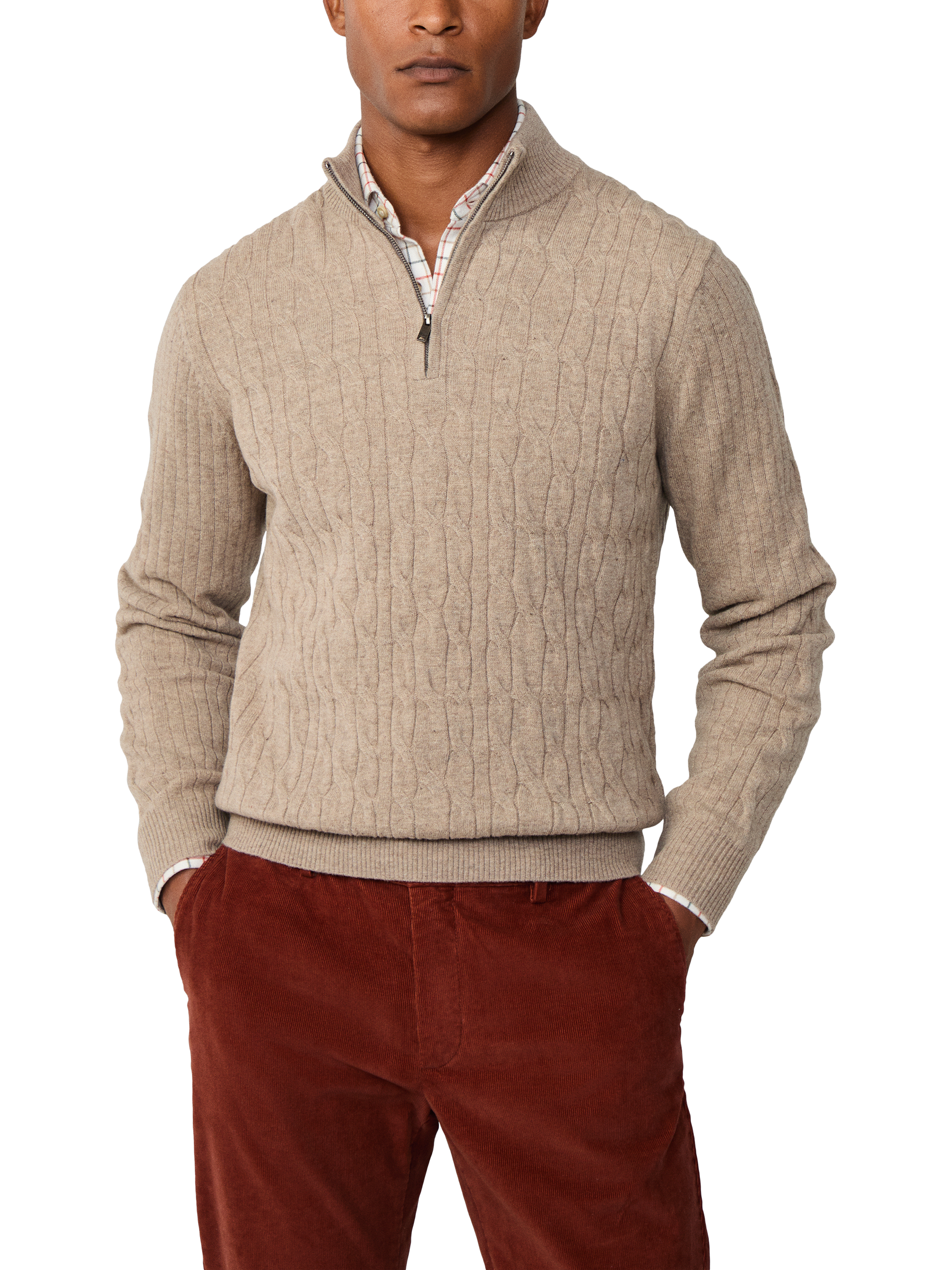 Product image 1 of 3, which shows Hackett London Zip Neck Lambswool Jersey Top, Malt Beige, XS