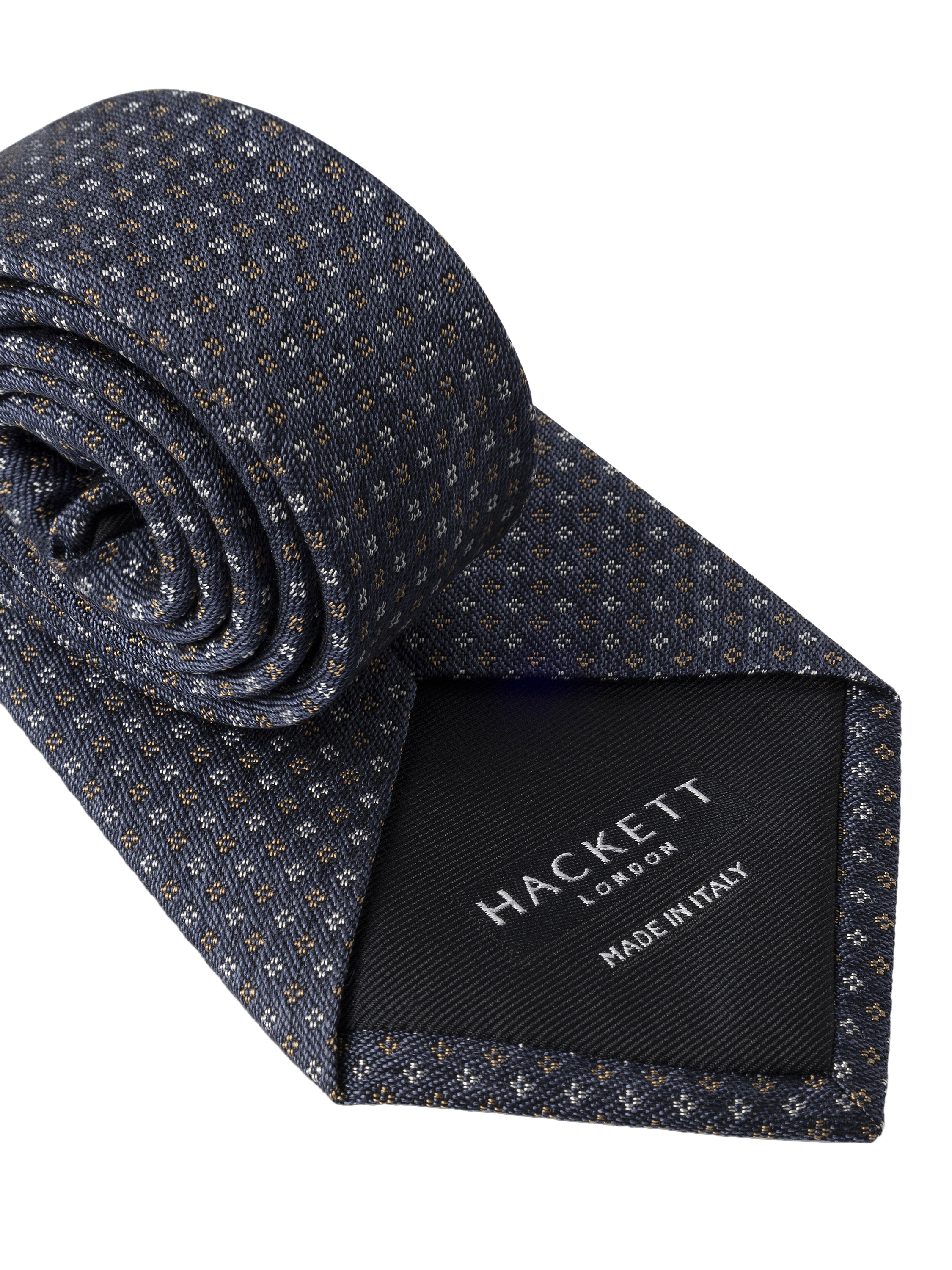 Product image 2 of 4, which shows Hackett London Fleur de Lis Silk Cotton Blend Tie, Dark Denim Blue, 0