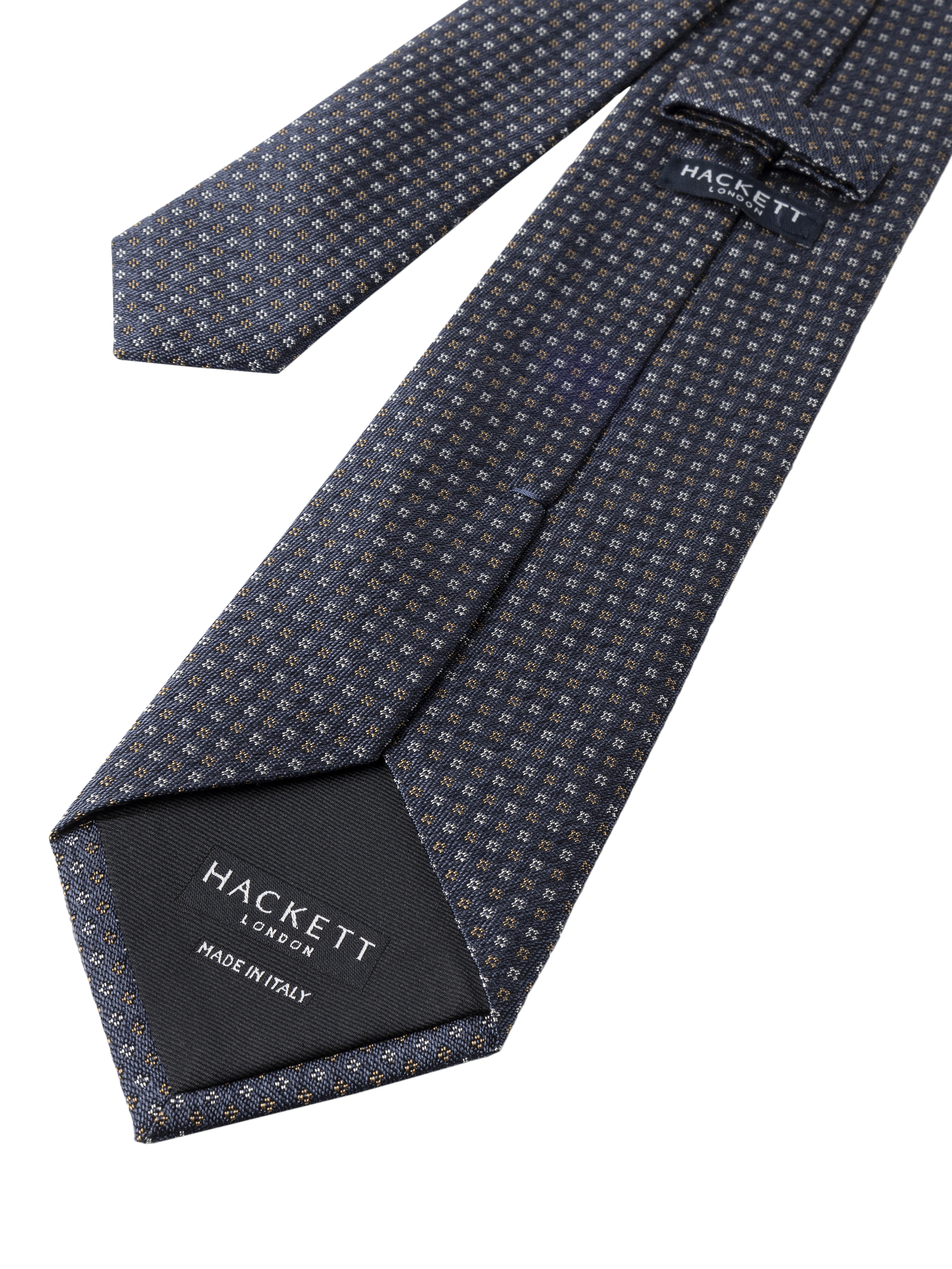 Product image 3 of 4, which shows Hackett London Fleur de Lis Silk Cotton Blend Tie, Dark Denim Blue, 0