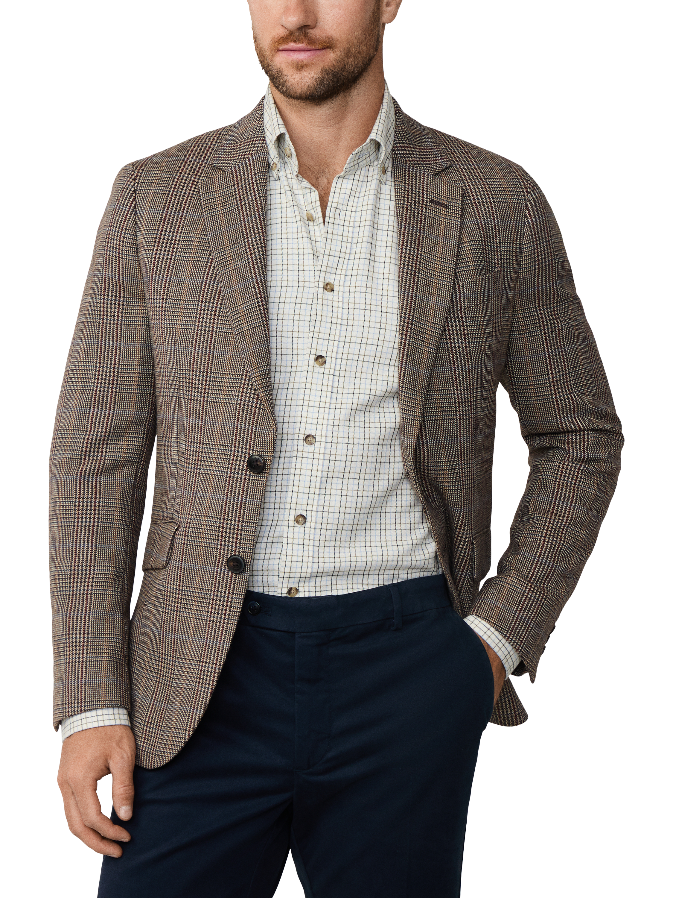 Product image 1 of 8, which shows Hackett London Wool Cotton Blend Ascot Block Check Blazer, Brown, 48