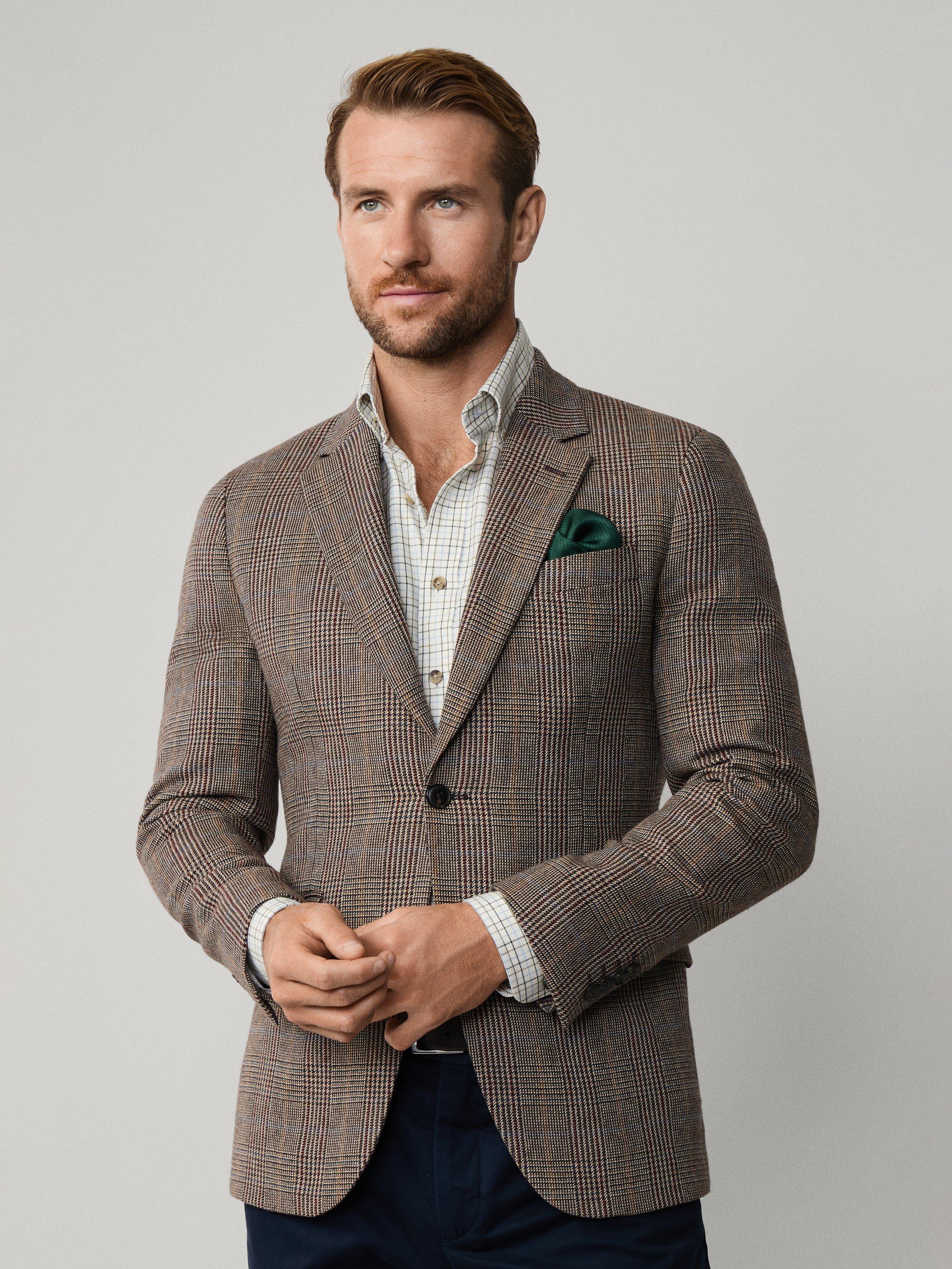 Product image 8 of 8, which shows Hackett London Wool Cotton Blend Ascot Block Check Blazer, Brown, 48