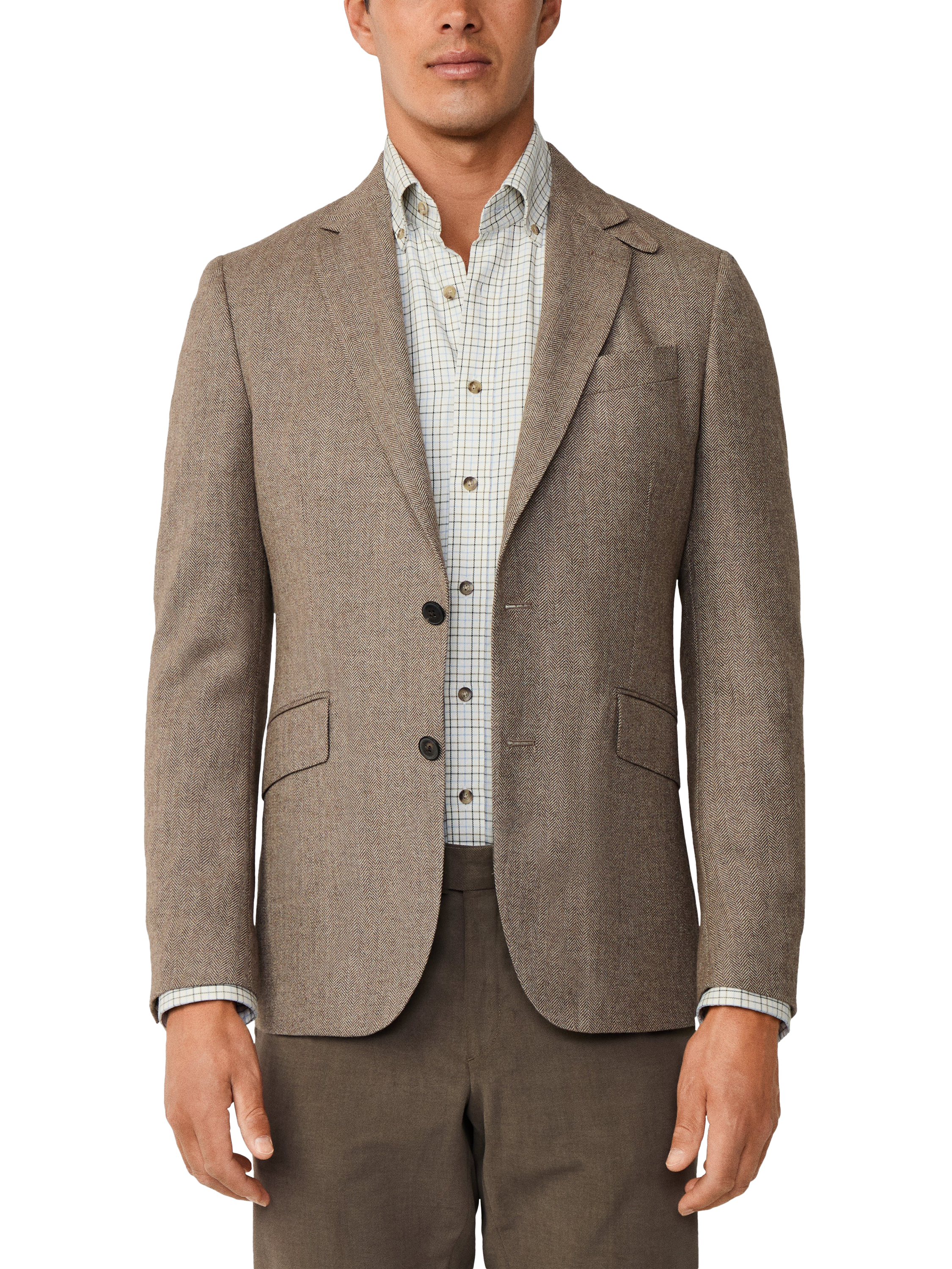 Product image 1 of 7, which shows Hackett London Single Breasted Herringbone Wool Blend Blazer, Malt Beige, 48