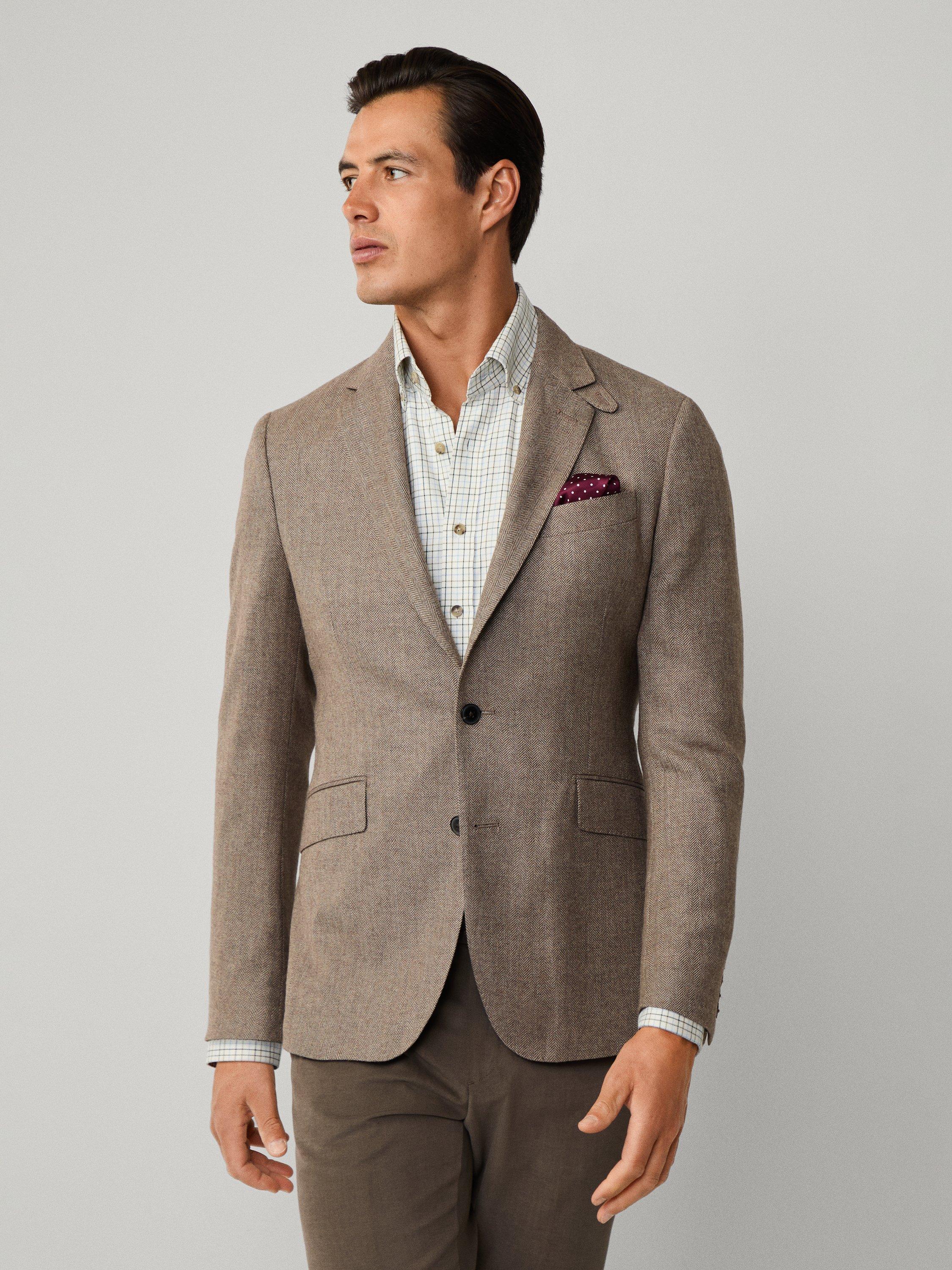 Product image 7 of 7, which shows Hackett London Single Breasted Herringbone Wool Blend Blazer, Malt Beige, 48