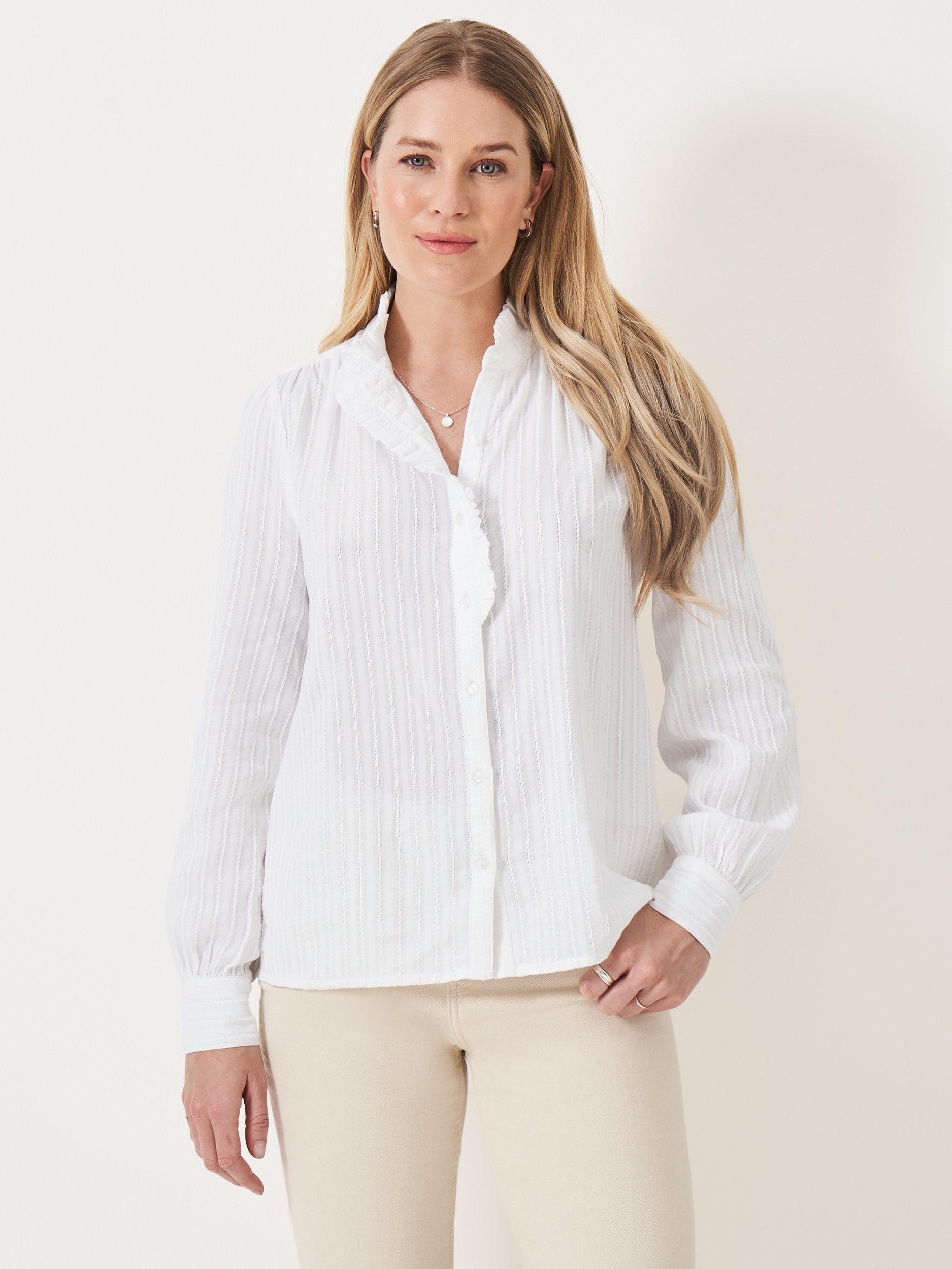 Product image 1 of 5, which shows Crew Clothing Harmony Stripe Frill Shirt, White, 8