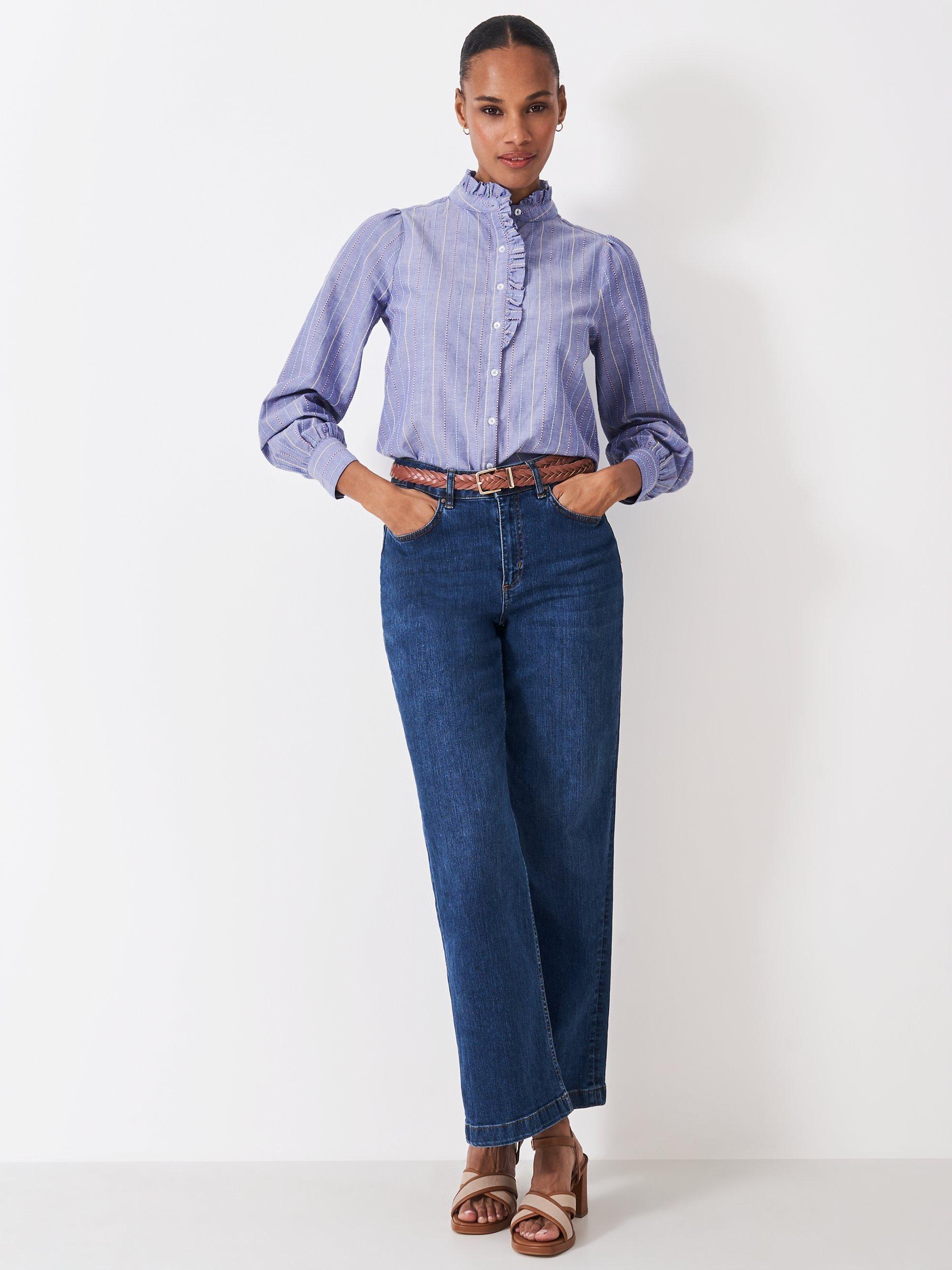 Product image 3 of 5, which shows Crew Clothing Harmony Stripe Frill Shirt, Blue, 8