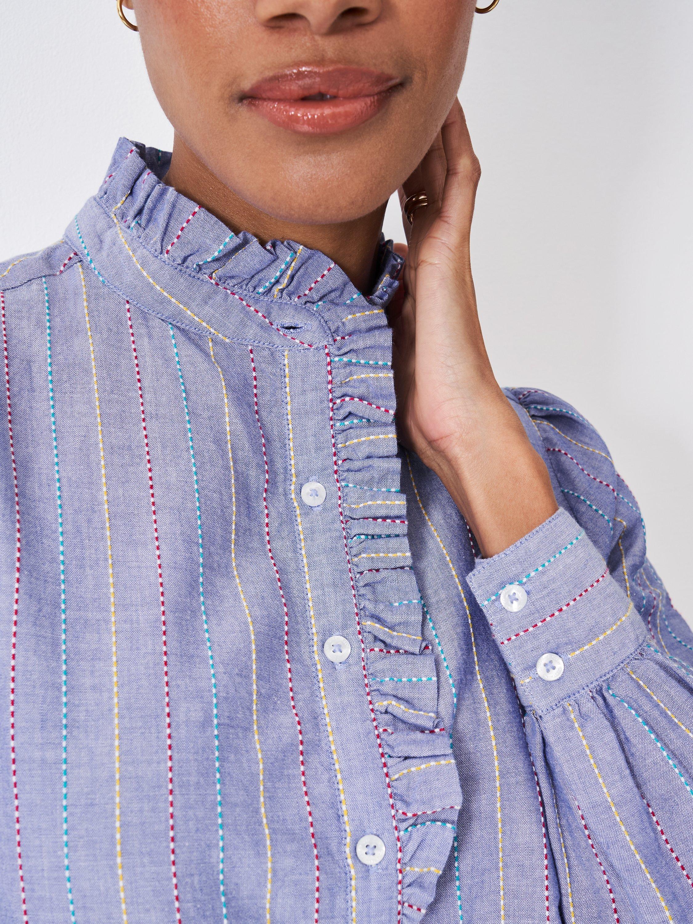 Product image 4 of 5, which shows Crew Clothing Harmony Stripe Frill Shirt, Blue, 8