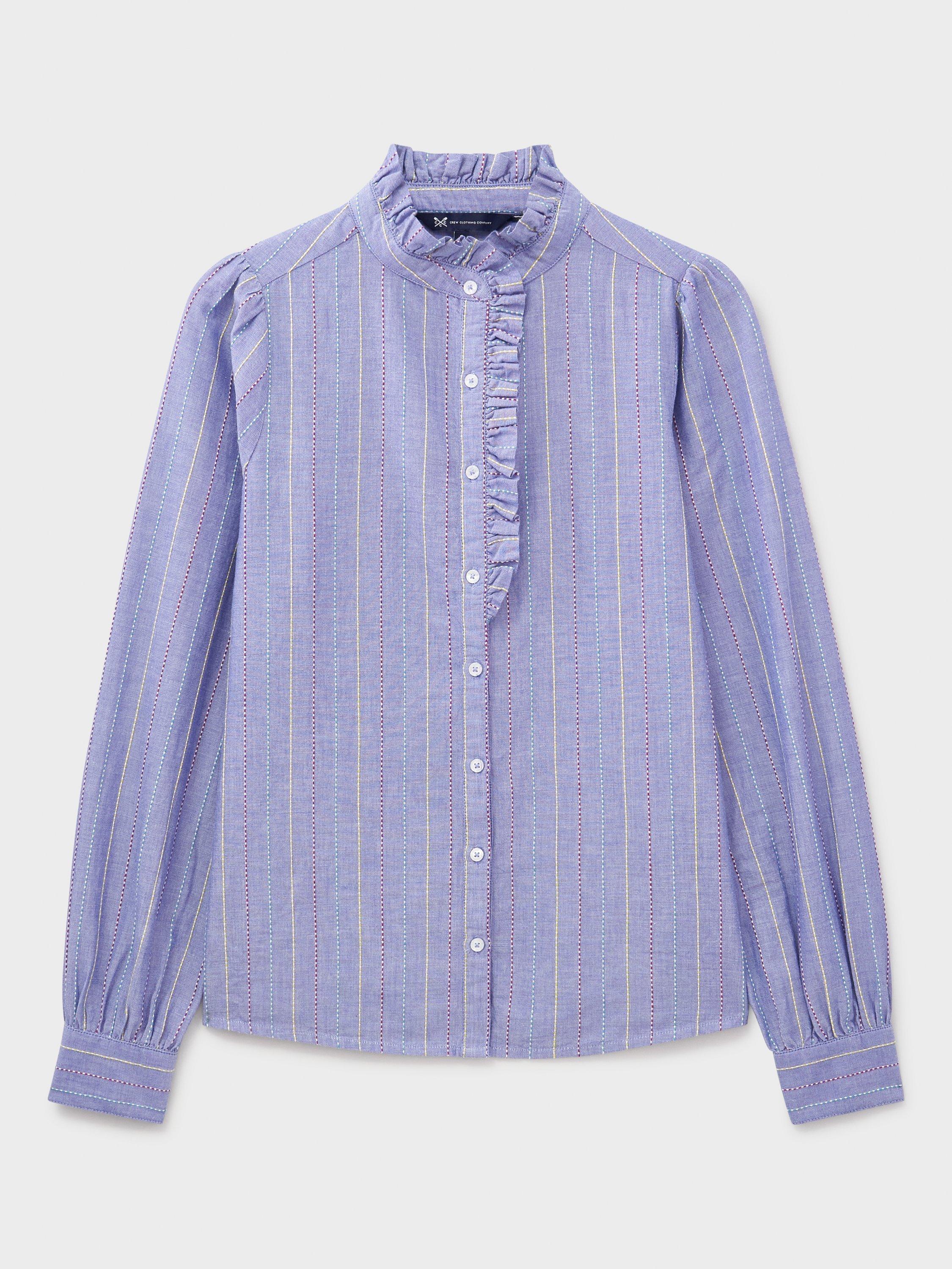 Product image 5 of 5, which shows Crew Clothing Harmony Stripe Frill Shirt, Blue, 8