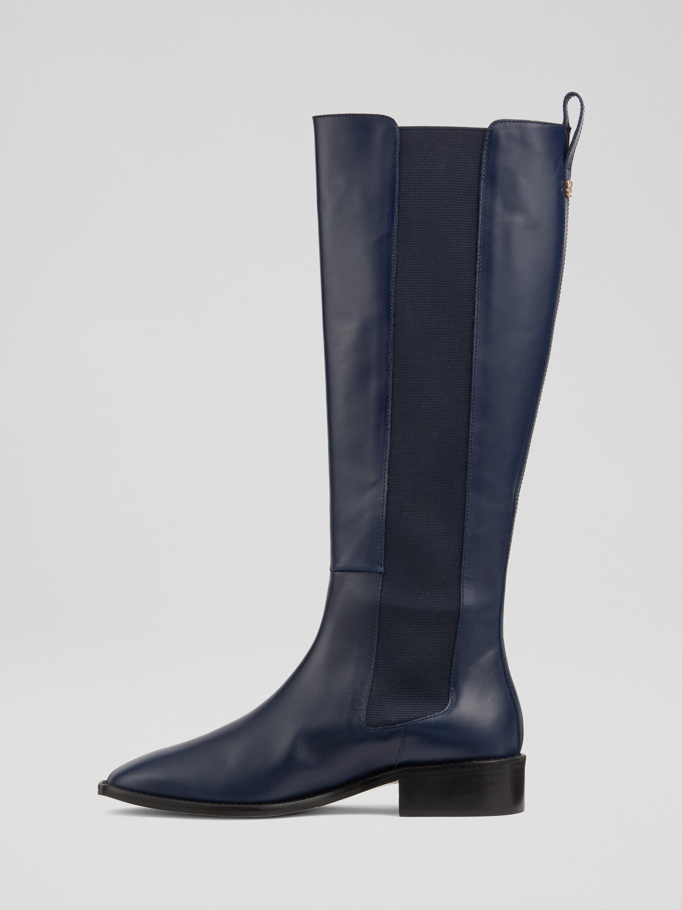 Product image 1 of 3, which shows L.K.Bennett Zara Leather Riding Boots, Navy, 2