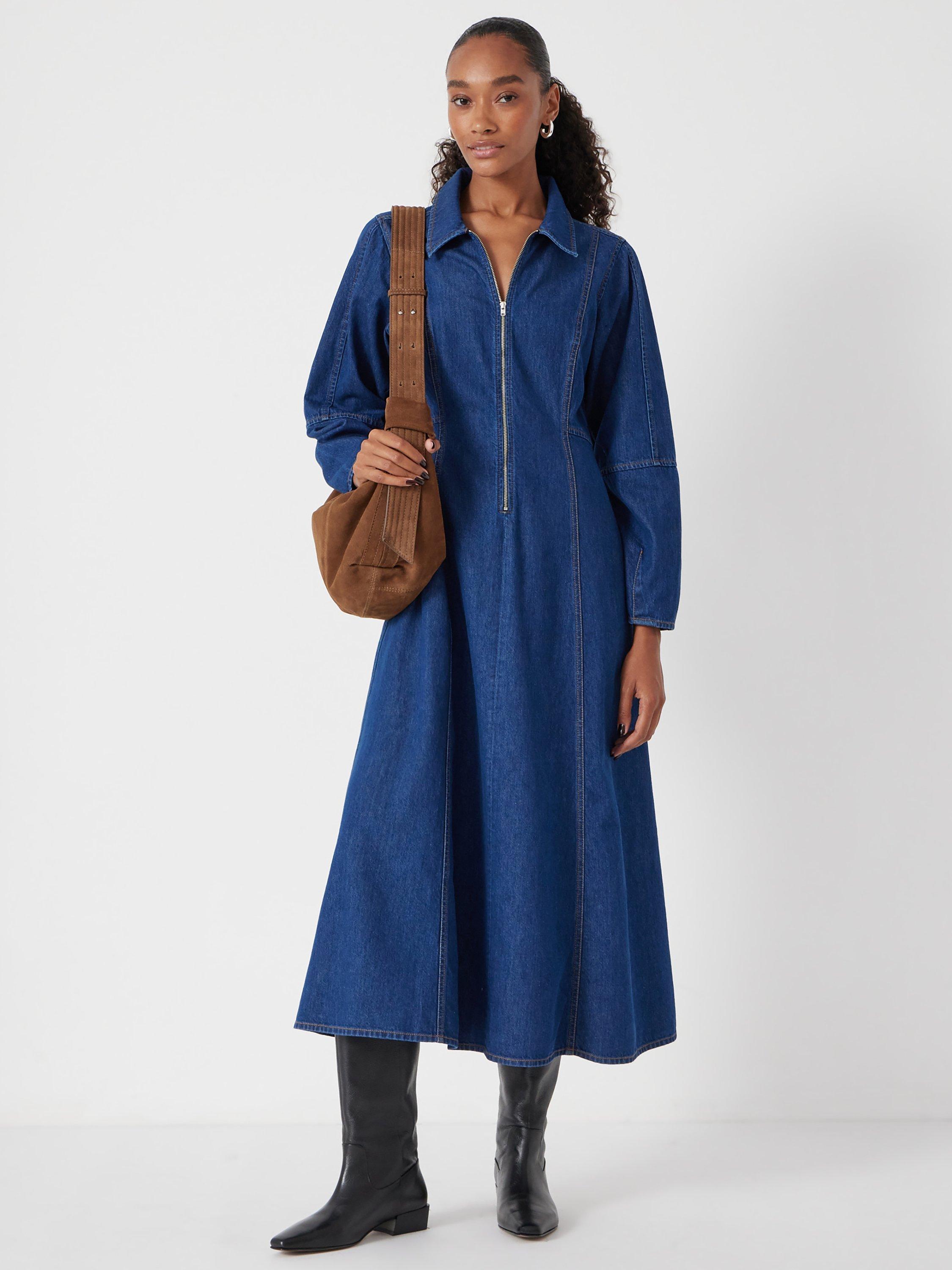 Product image 2 of 6, which shows HUSH Zip Long Sleeve Denim Midi Dress, Mid Authentic Wash, 10