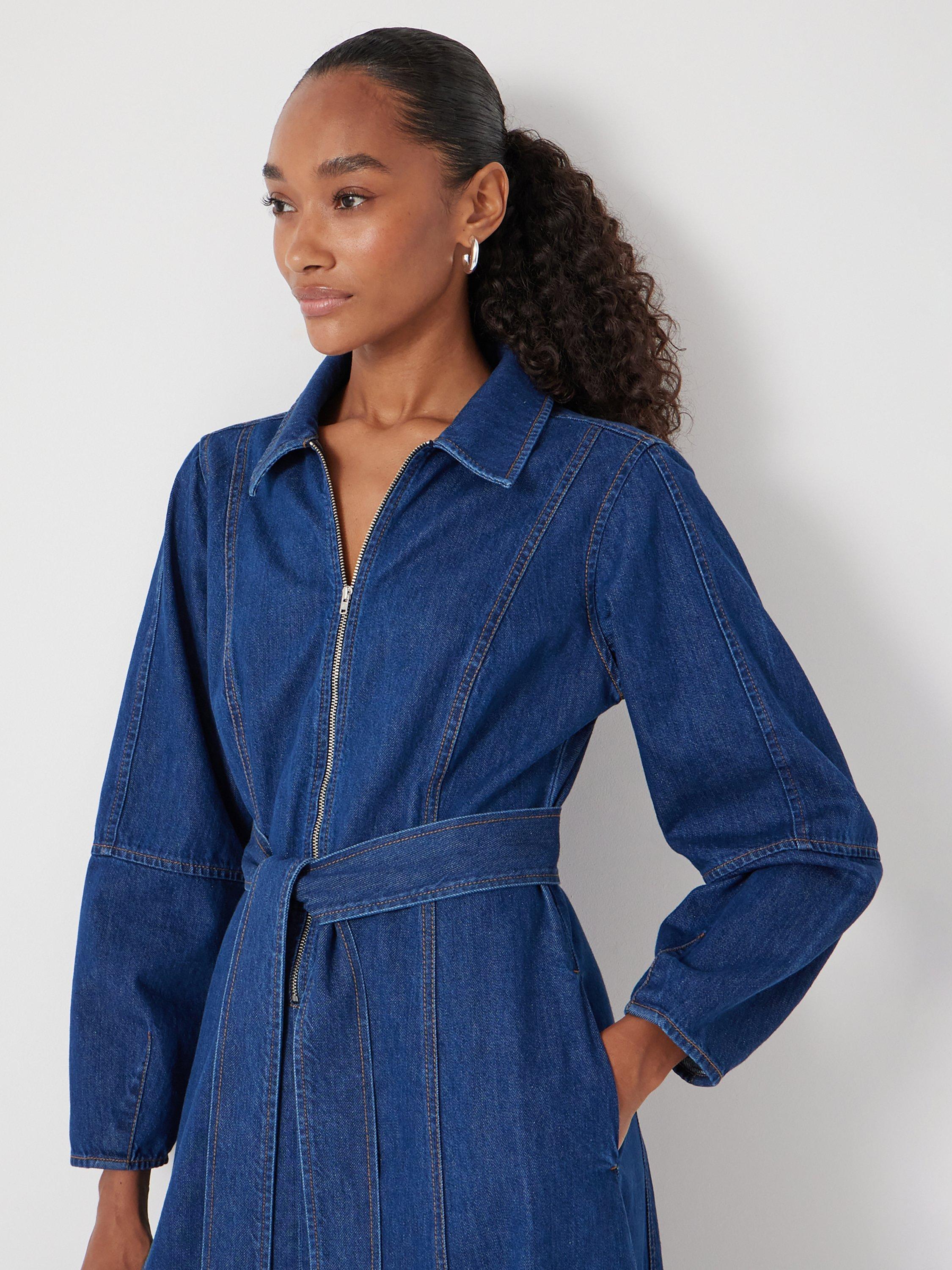 Product image 5 of 6, which shows HUSH Zip Long Sleeve Denim Midi Dress, Mid Authentic Wash, 10