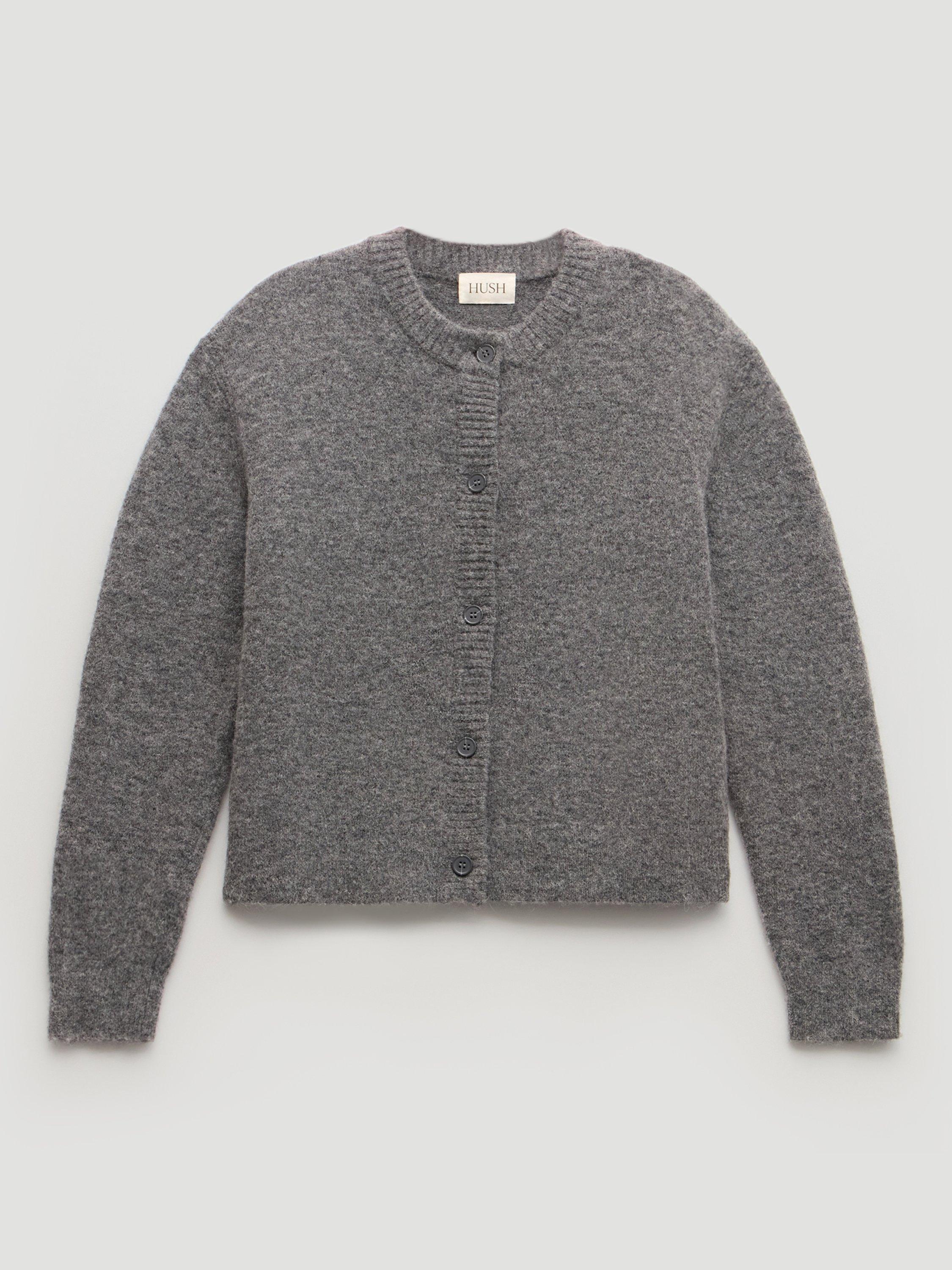 Product image 1 of 1, which shows HUSH Juni Crew Neck Wool Rich Cardigan, Mid Grey Marl, L-XL