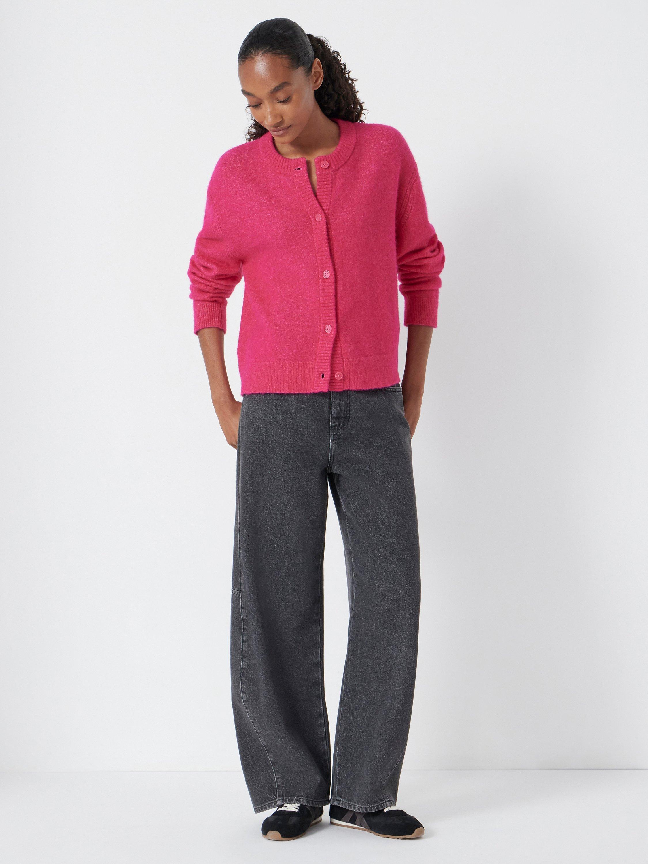 Product image 2 of 5, which shows HUSH Juni Crew Neck Wool Rich Cardigan, Bright Pink, L-XL