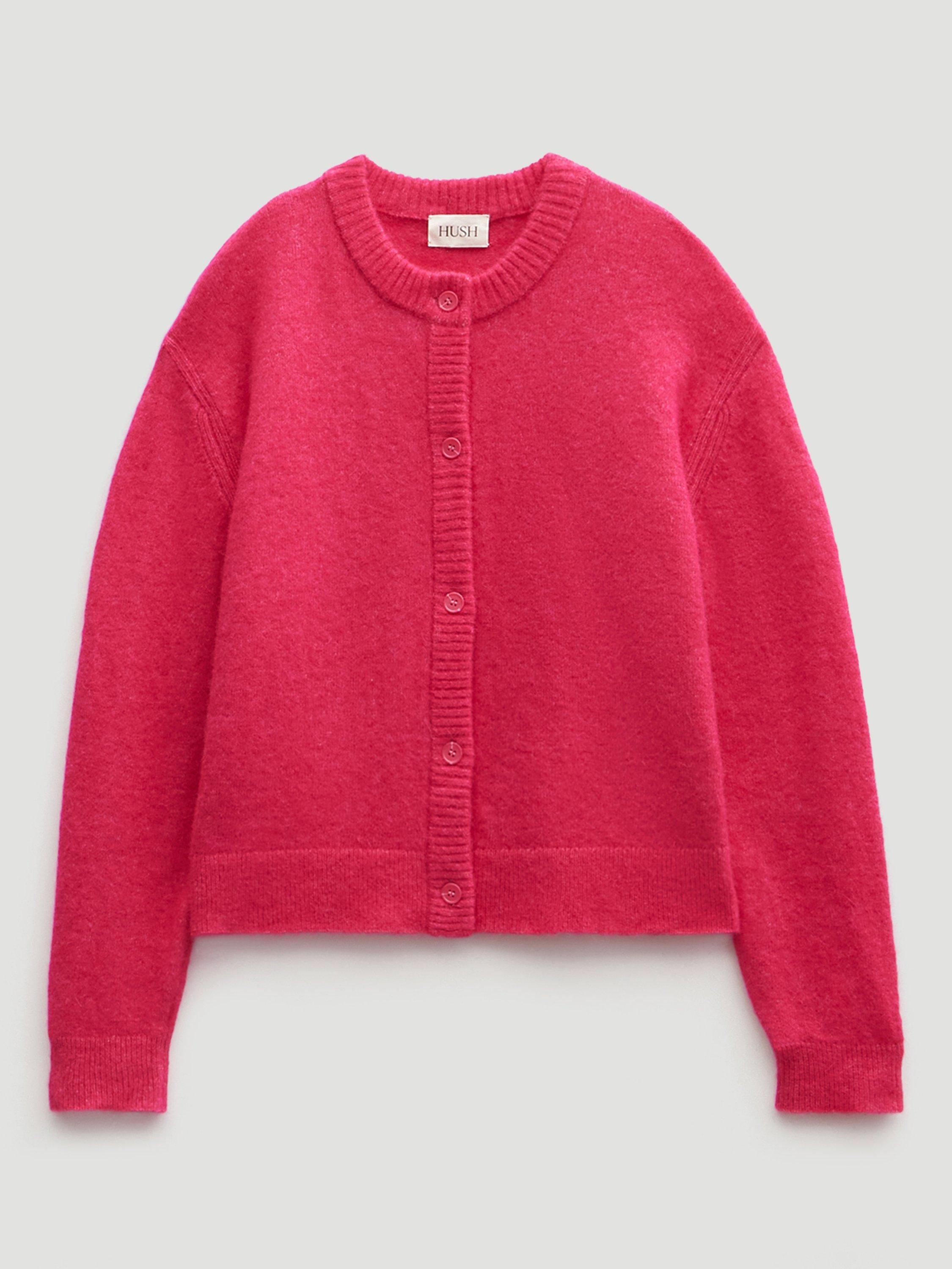 Product image 3 of 5, which shows HUSH Juni Crew Neck Wool Rich Cardigan, Bright Pink, L-XL