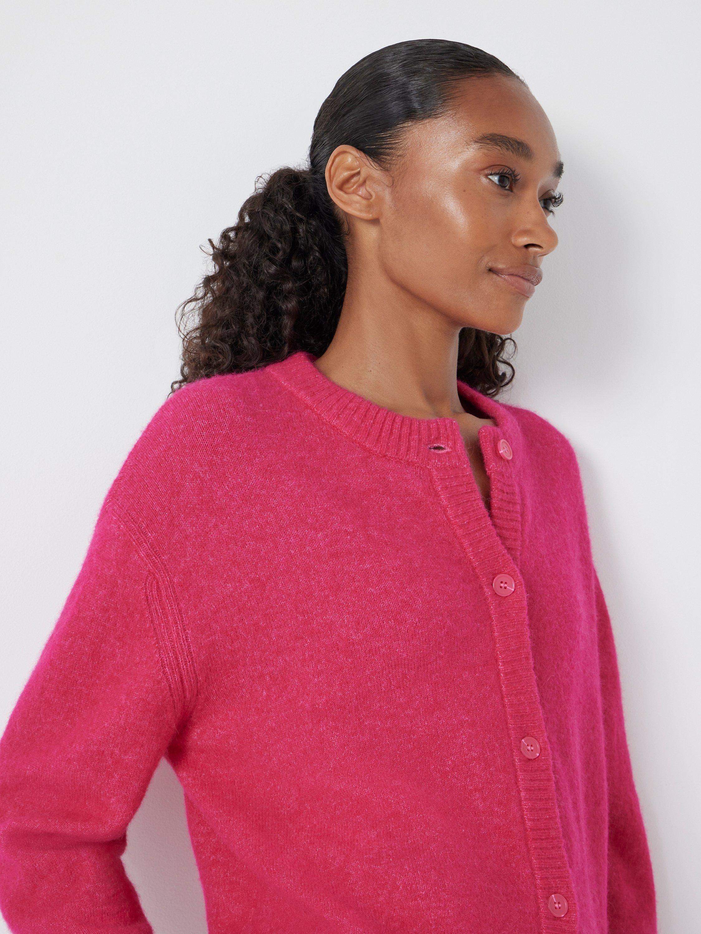 Product image 4 of 5, which shows HUSH Juni Crew Neck Wool Rich Cardigan, Bright Pink, L-XL