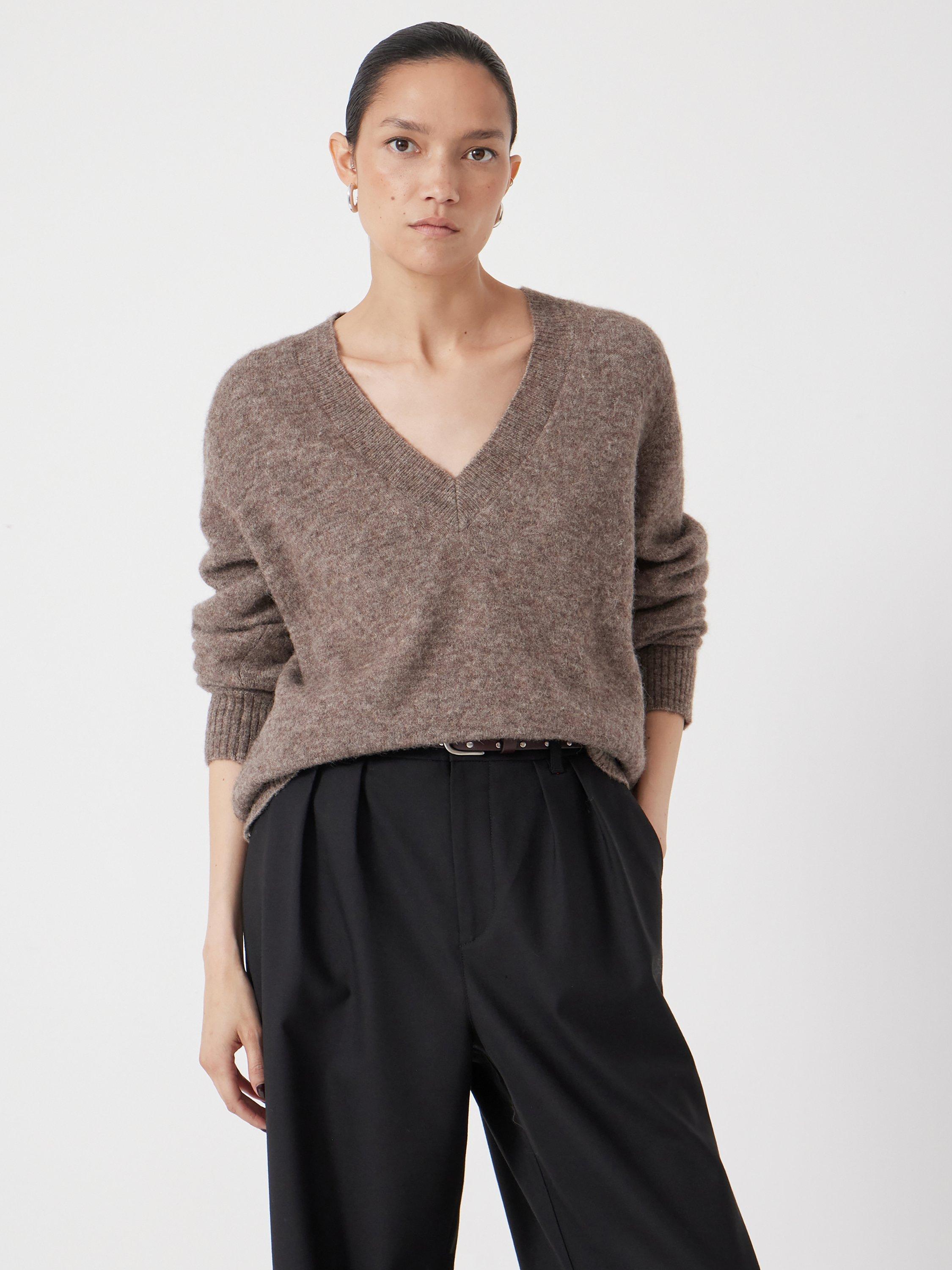 Product image 2 of 4, which shows HUSH Wool Blend V Neck Jumper, Walnut Brown, XS-S