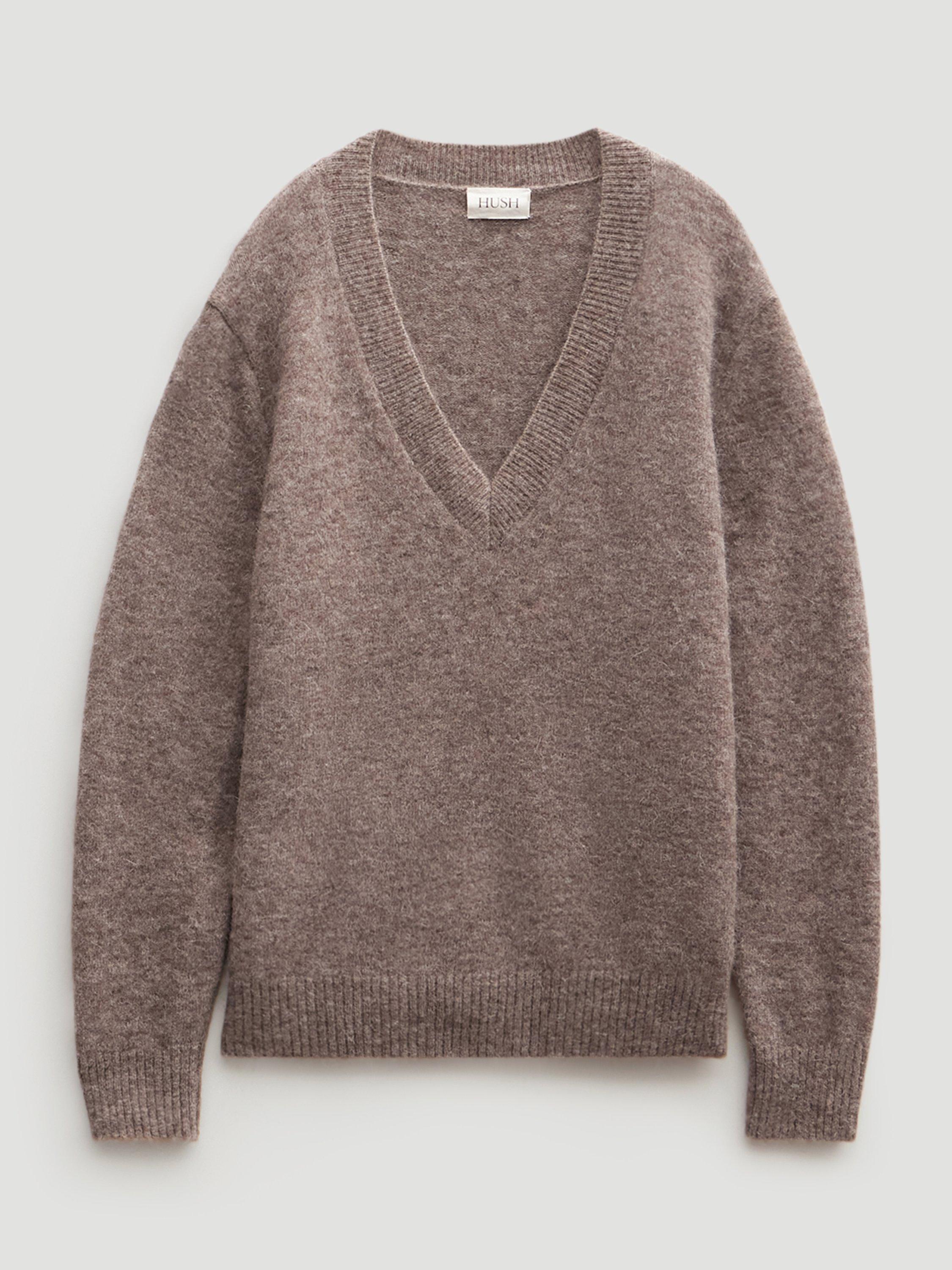 Product image 3 of 4, which shows HUSH Wool Blend V Neck Jumper, Walnut Brown, XS-S