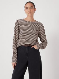 HUSH Emily Gingham Puff Sleeve Top, Taupe/Brown, Taupe/Brown