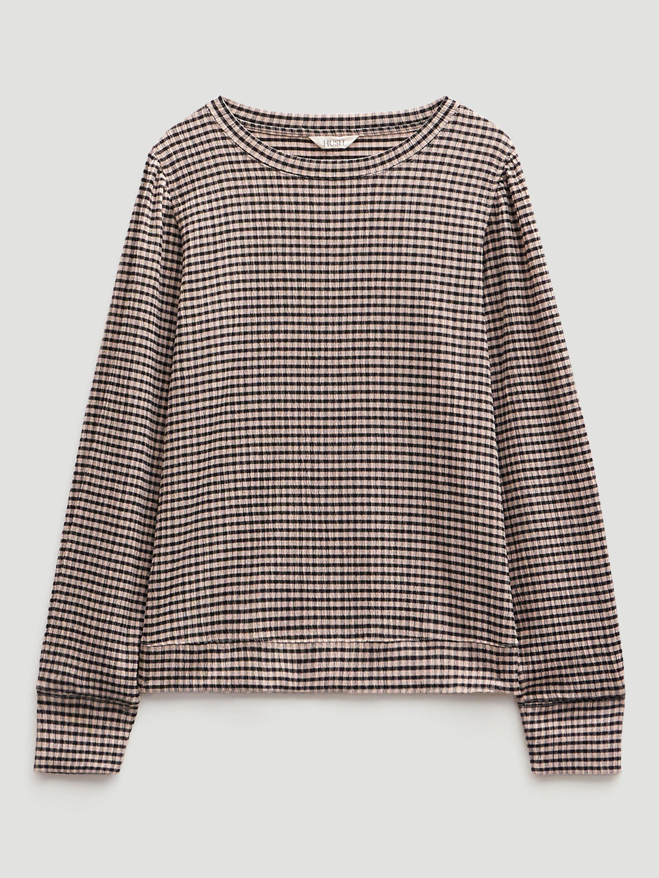 Product image 3 of 4, which shows HUSH Emily Gingham Puff Sleeve Top, Taupe/Brown, L-XL