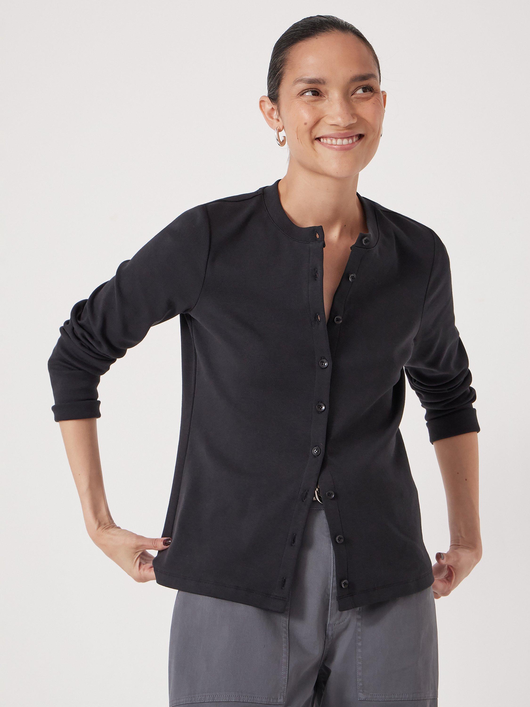 Product image 2 of 4, which shows HUSH Button Ribbed Long Sleeve Cotton Blend Cardigan Top, Black, XXS