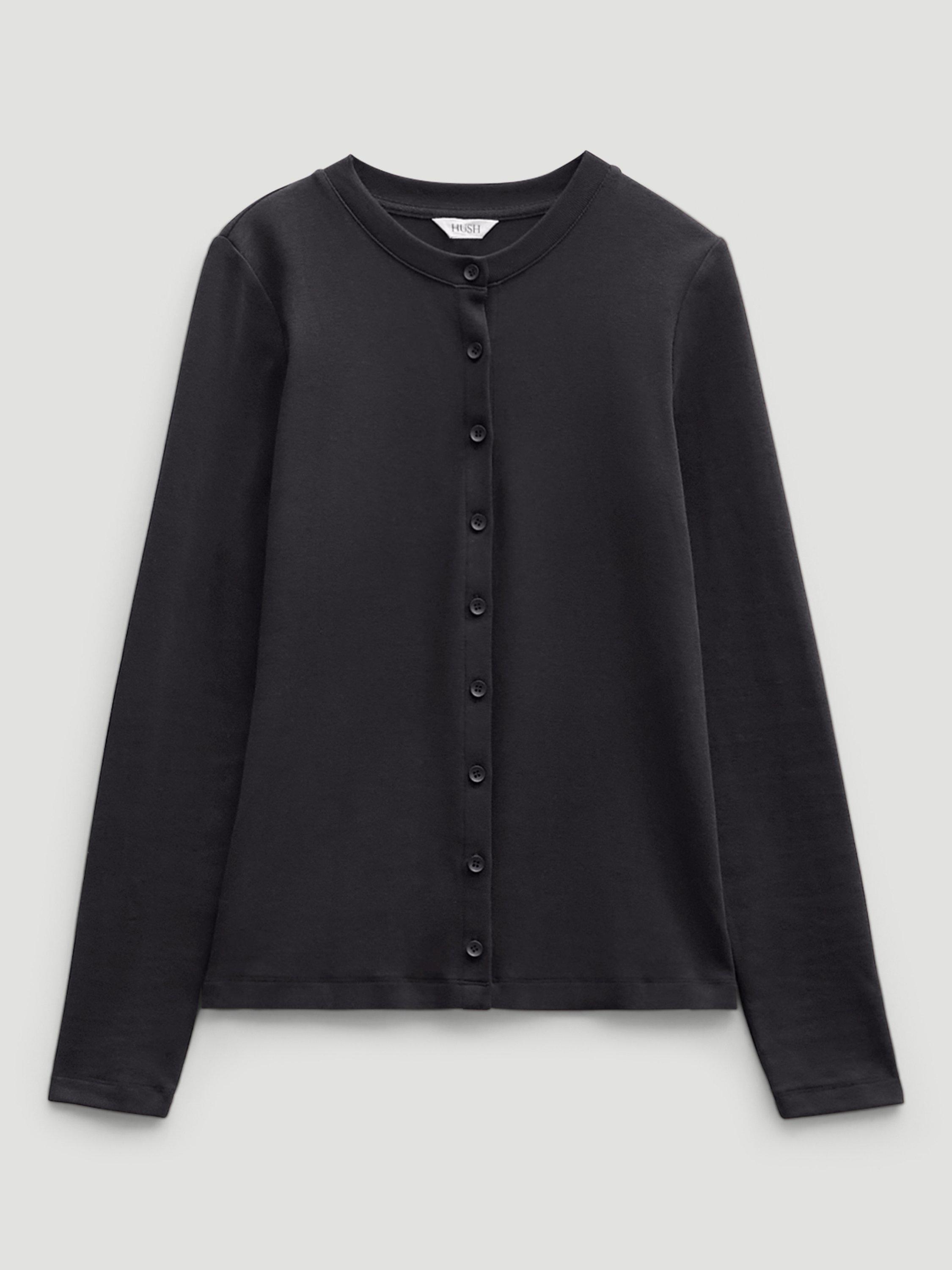 Product image 4 of 4, which shows HUSH Button Ribbed Long Sleeve Cotton Blend Cardigan Top, Black, XXS