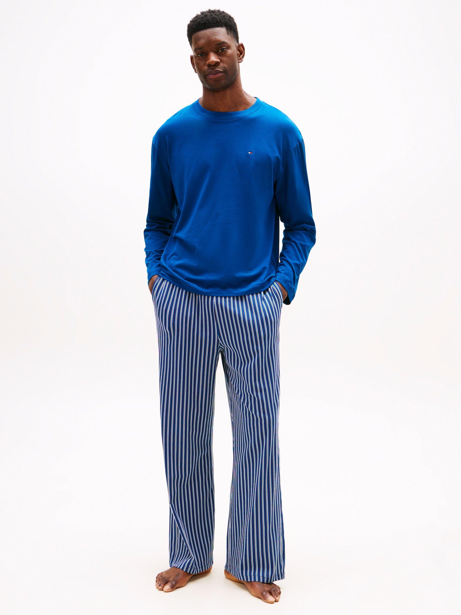 Tommy Hilfiger Long Sleeve Plain & Stripe Pyjama Set, Deep Indigo/Blue Str