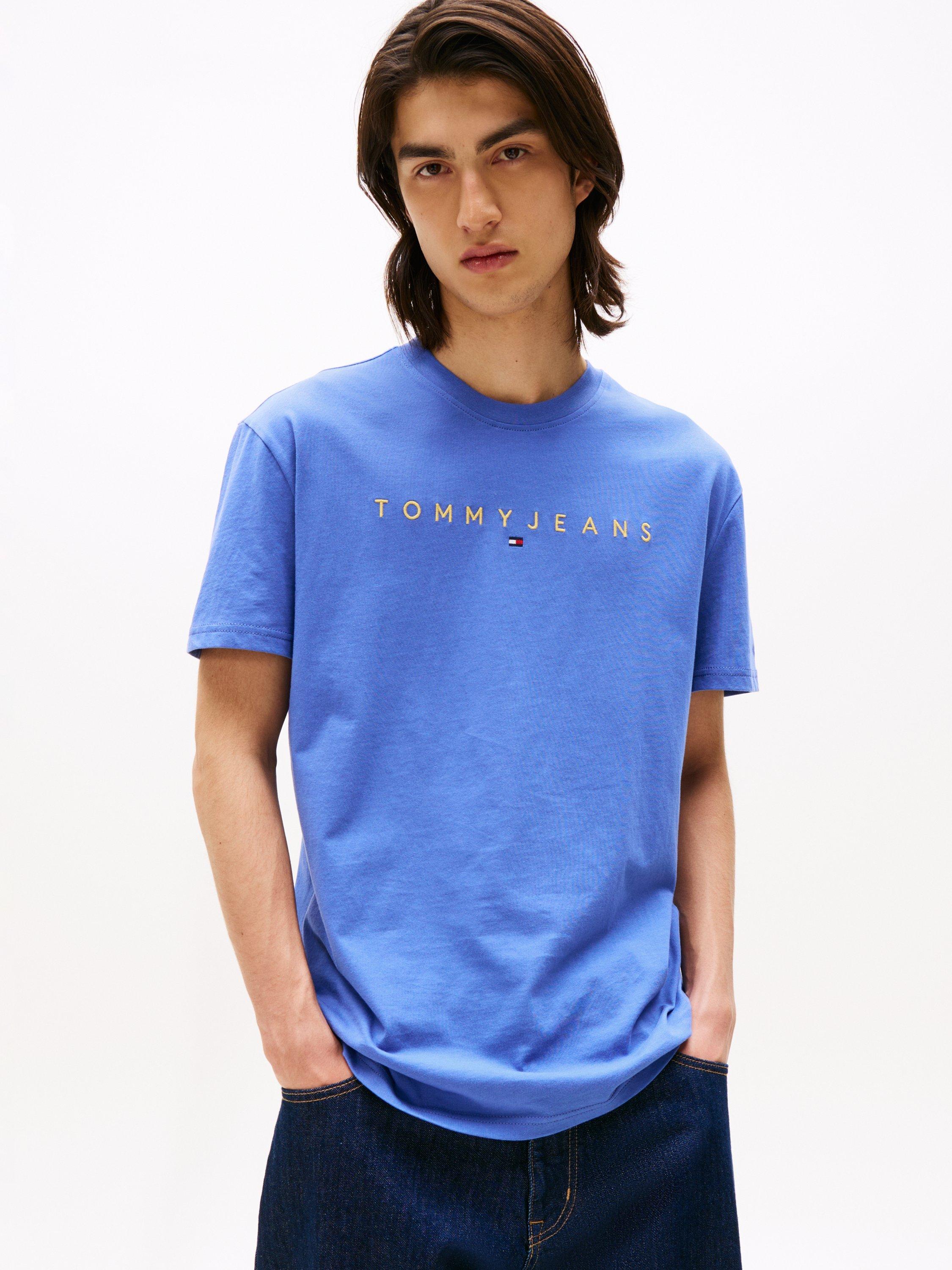 Product image 1 of 5, which shows Tommy Jeans Linear Logo Embroidery T-Shirt, Soft Sapphire, XS