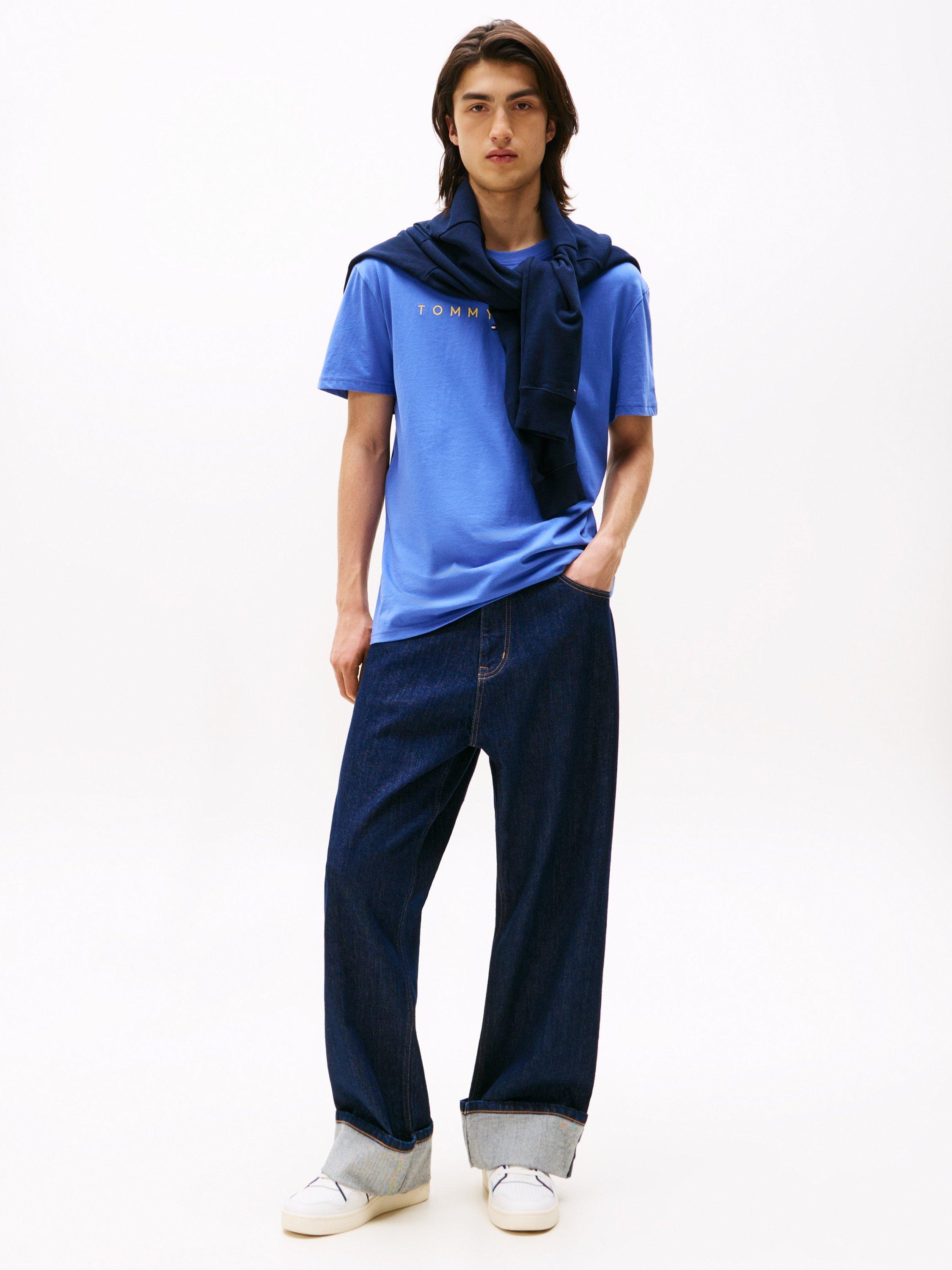 Product image 3 of 5, which shows Tommy Jeans Linear Logo Embroidery T-Shirt, Soft Sapphire, XS