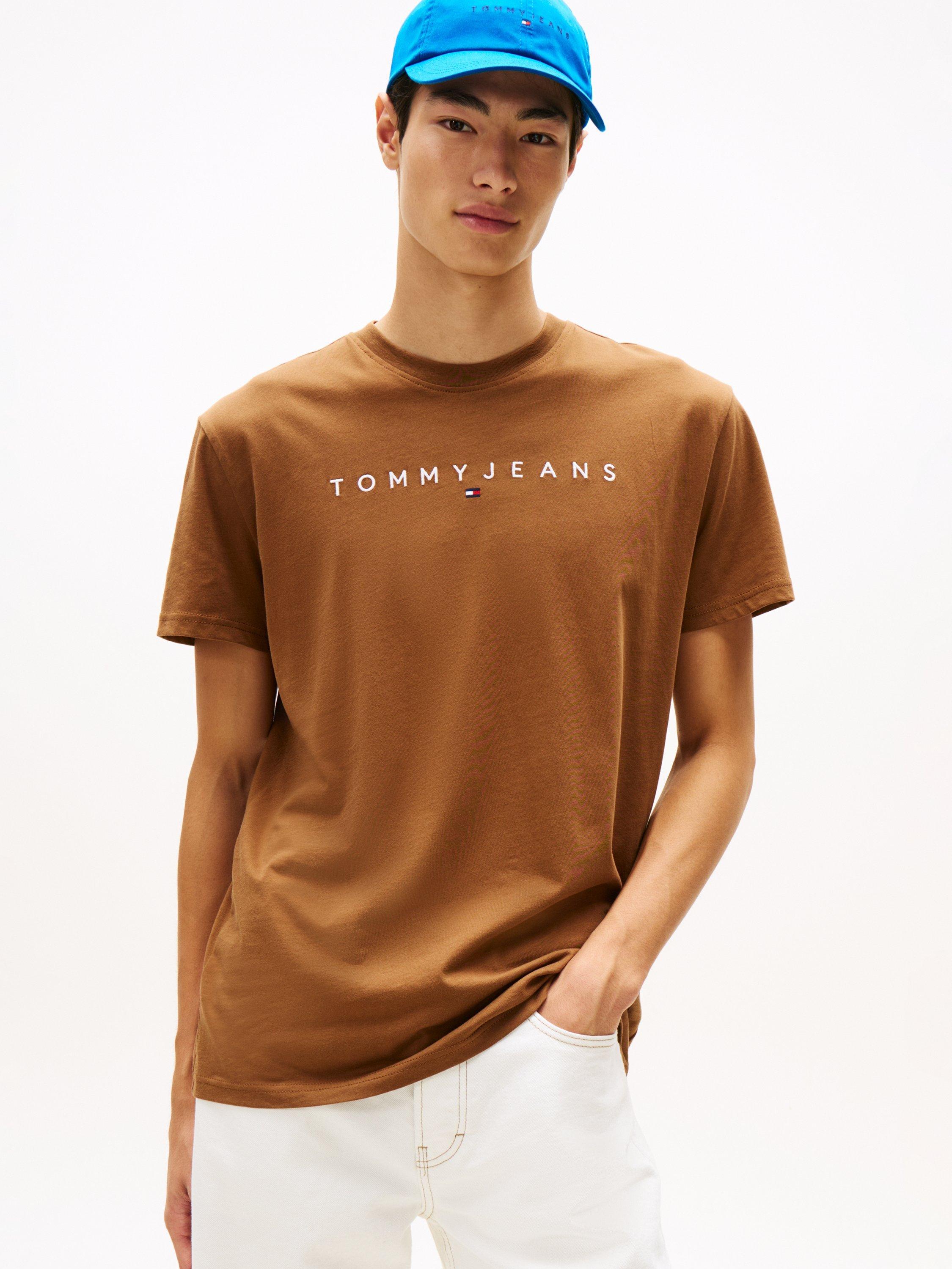 Product image 1 of 5, which shows Tommy Jeans Linear Logo Embroidery T-Shirt, Pecan Nut, XS