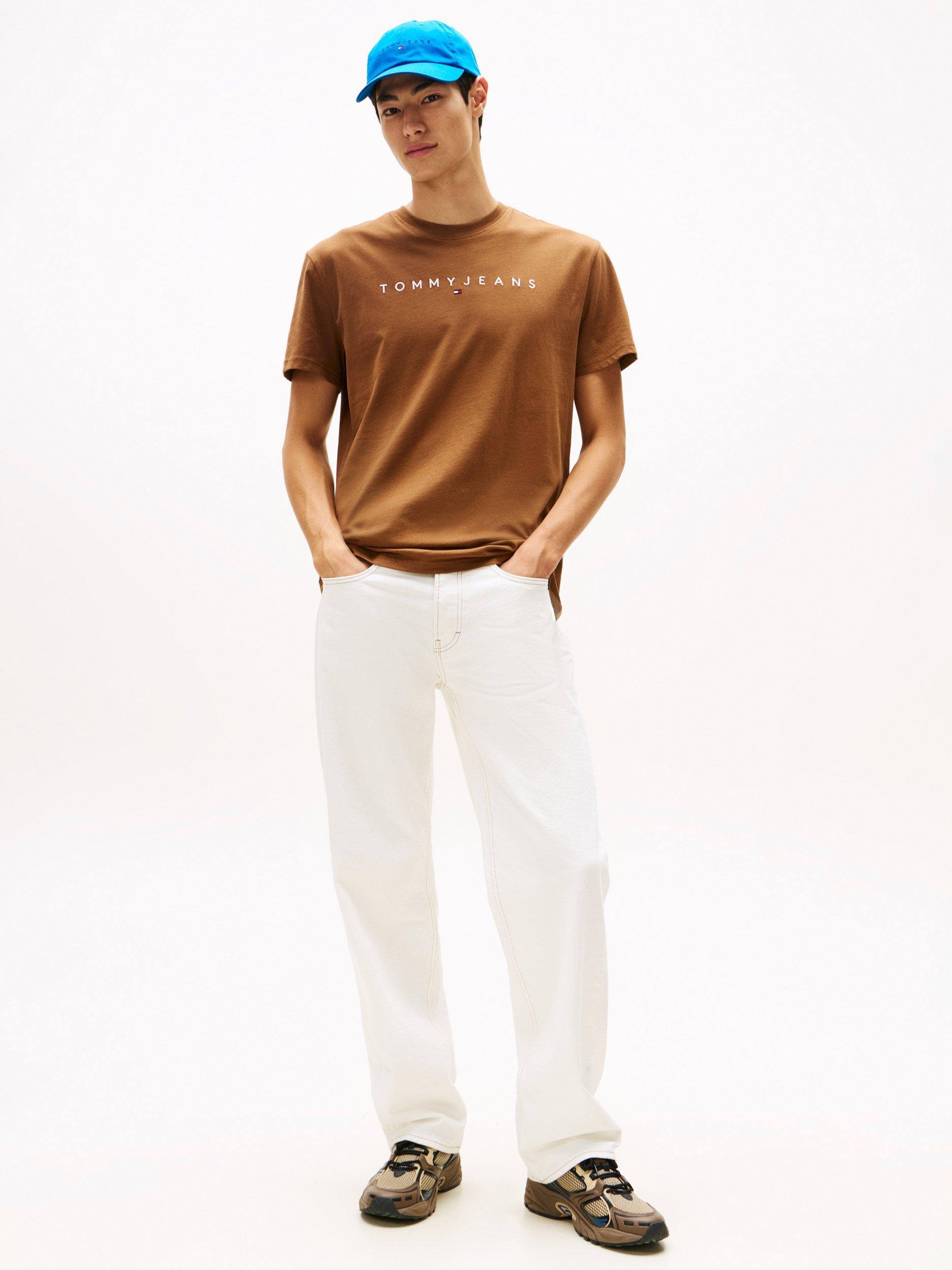 Product image 3 of 5, which shows Tommy Jeans Linear Logo Embroidery T-Shirt, Pecan Nut, XS