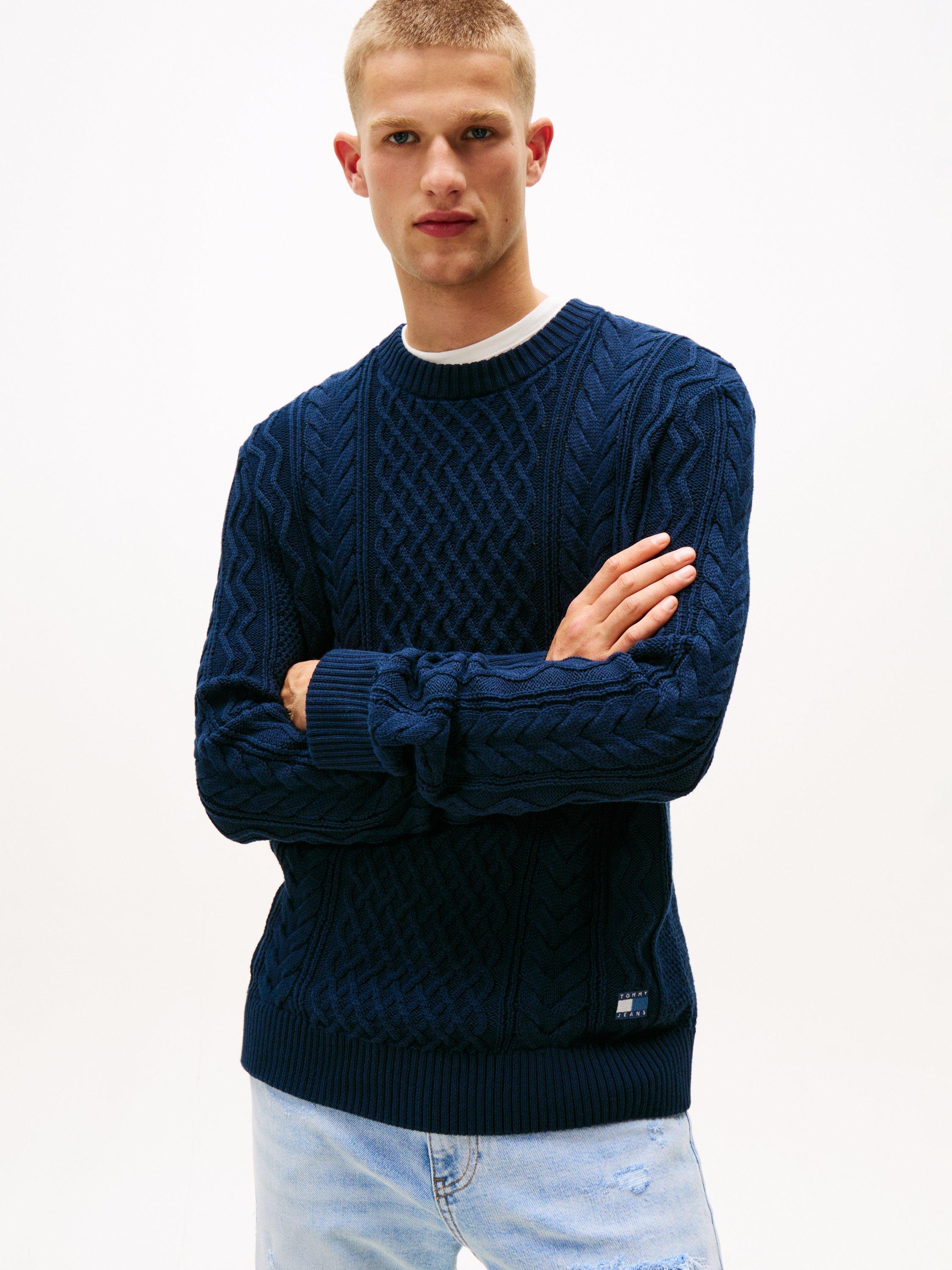 Product image 1 of 5, which shows Tommy Jeans Tommy Badge Cable Knit Slim Jumper, Dark Night Navy, M
