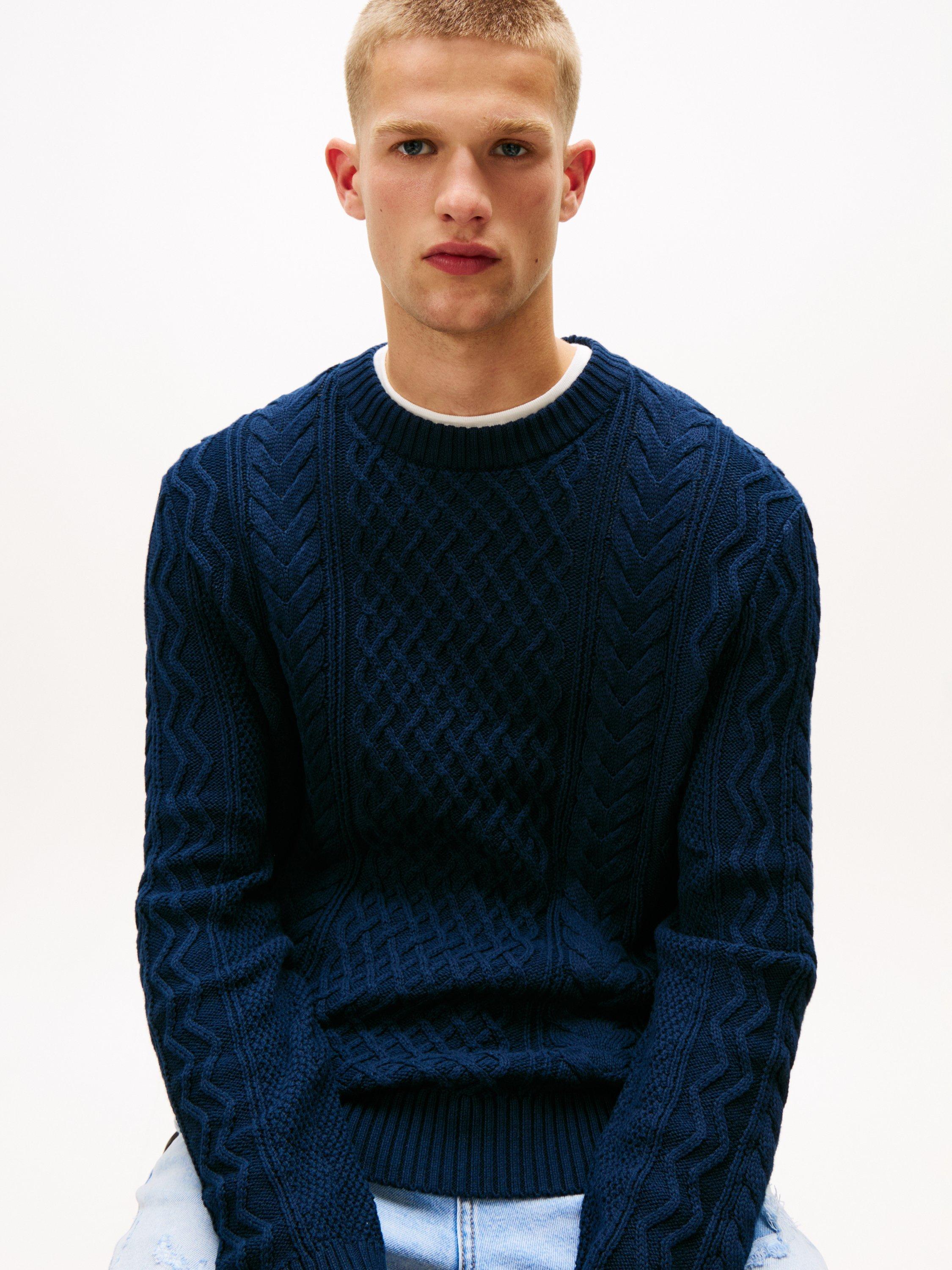 Product image 5 of 5, which shows Tommy Jeans Tommy Badge Cable Knit Slim Jumper, Dark Night Navy, M