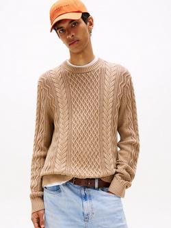 Tommy Jeans Tommy Badge Cable Knit Slim Jumper, Coastal Taupe Tonal