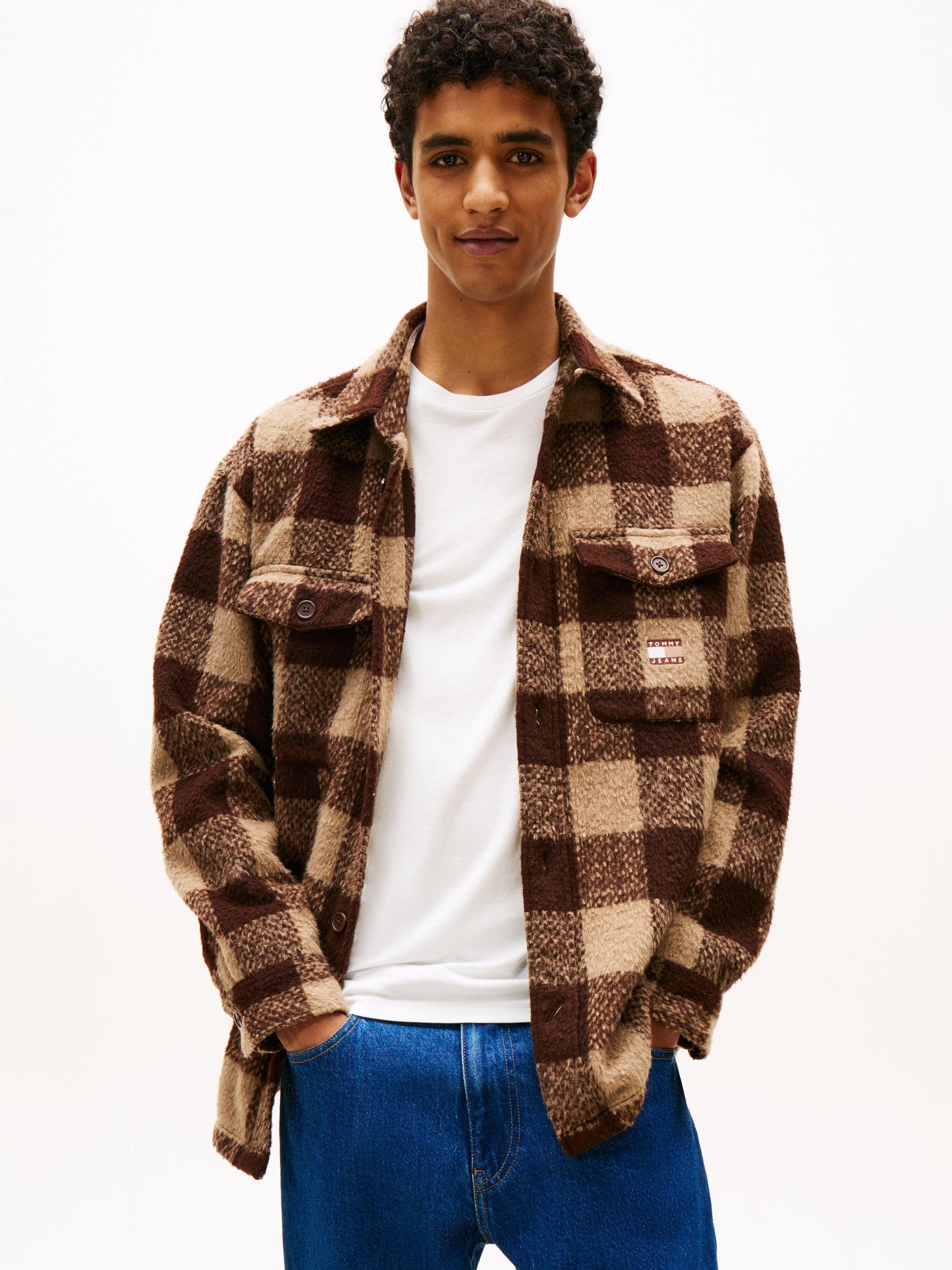 Product image 1 of 5, which shows Tommy Hilfiger Tommy Jeans Check Oversized Overshirt, Rich Brown/Multi, M
