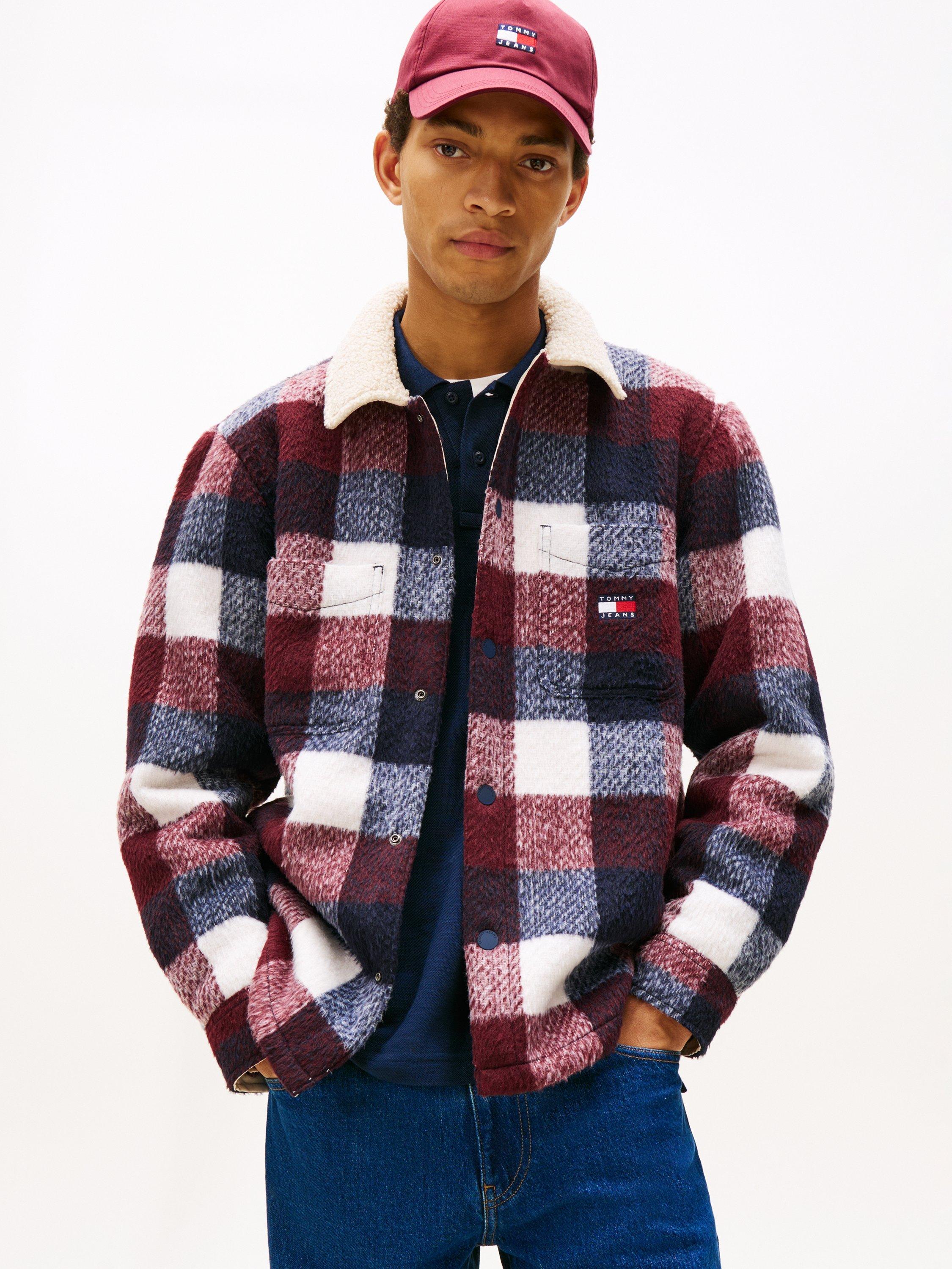 Product image 1 of 5, which shows Tommy Hilfiger Tommy Jeans Check Teddy Collar Overshirt, Dark Navy/Buffalo, XS