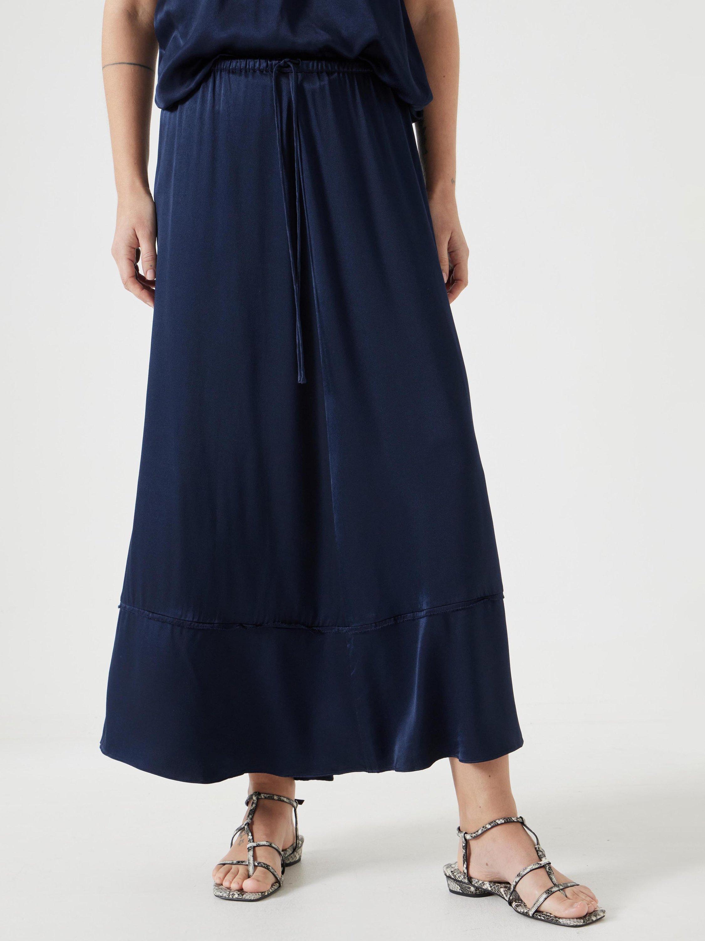 Product image 1 of 7, which shows HUSH A-Line Satin Skirt, Midnight Navy, XXS Reg