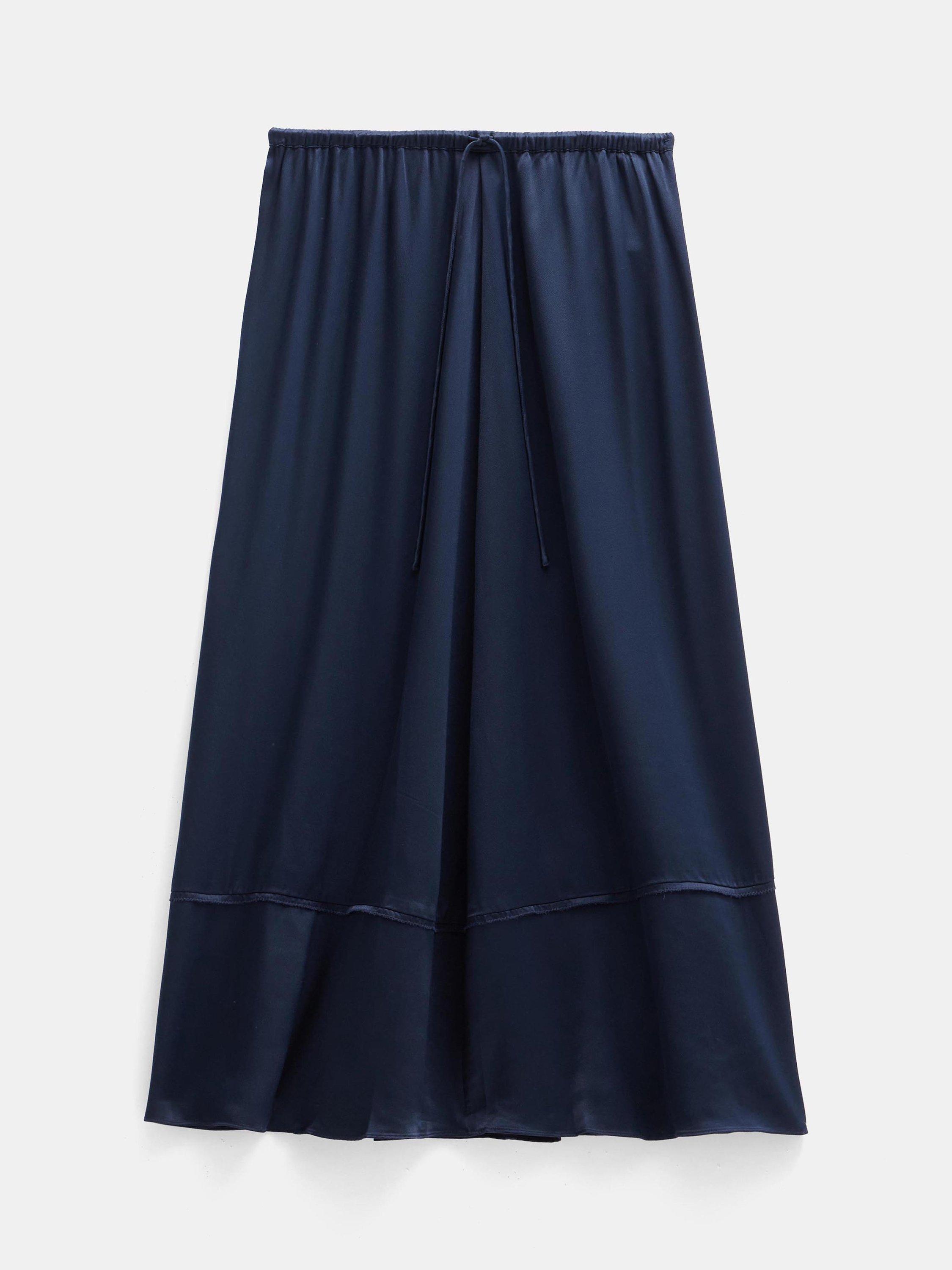 Product image 4 of 7, which shows HUSH A-Line Satin Skirt, Midnight Navy, XXS Reg